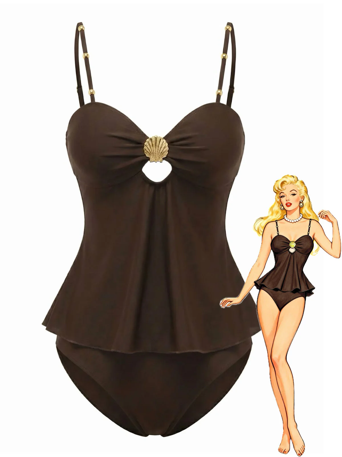 2PCS Dunkelbraun 1950er Uni Shell Tankini Set