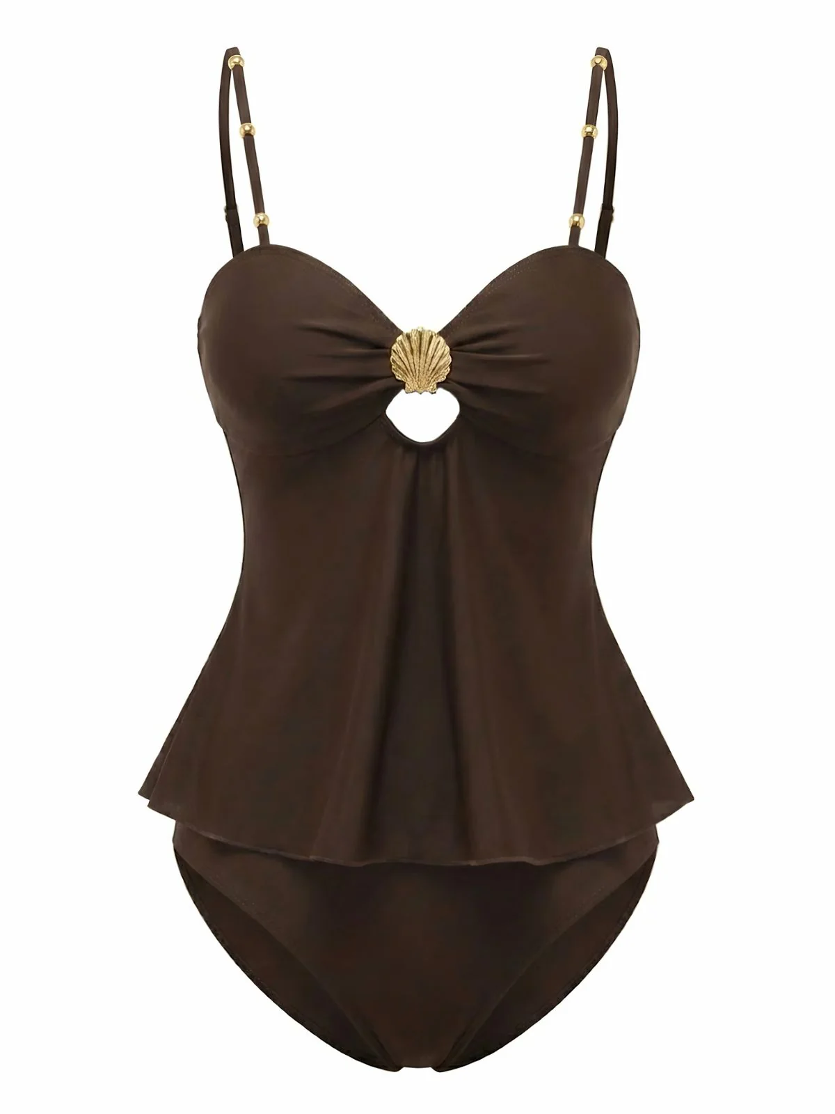 2PCS Dunkelbraun 1950er Uni Shell Tankini Set - Image 2