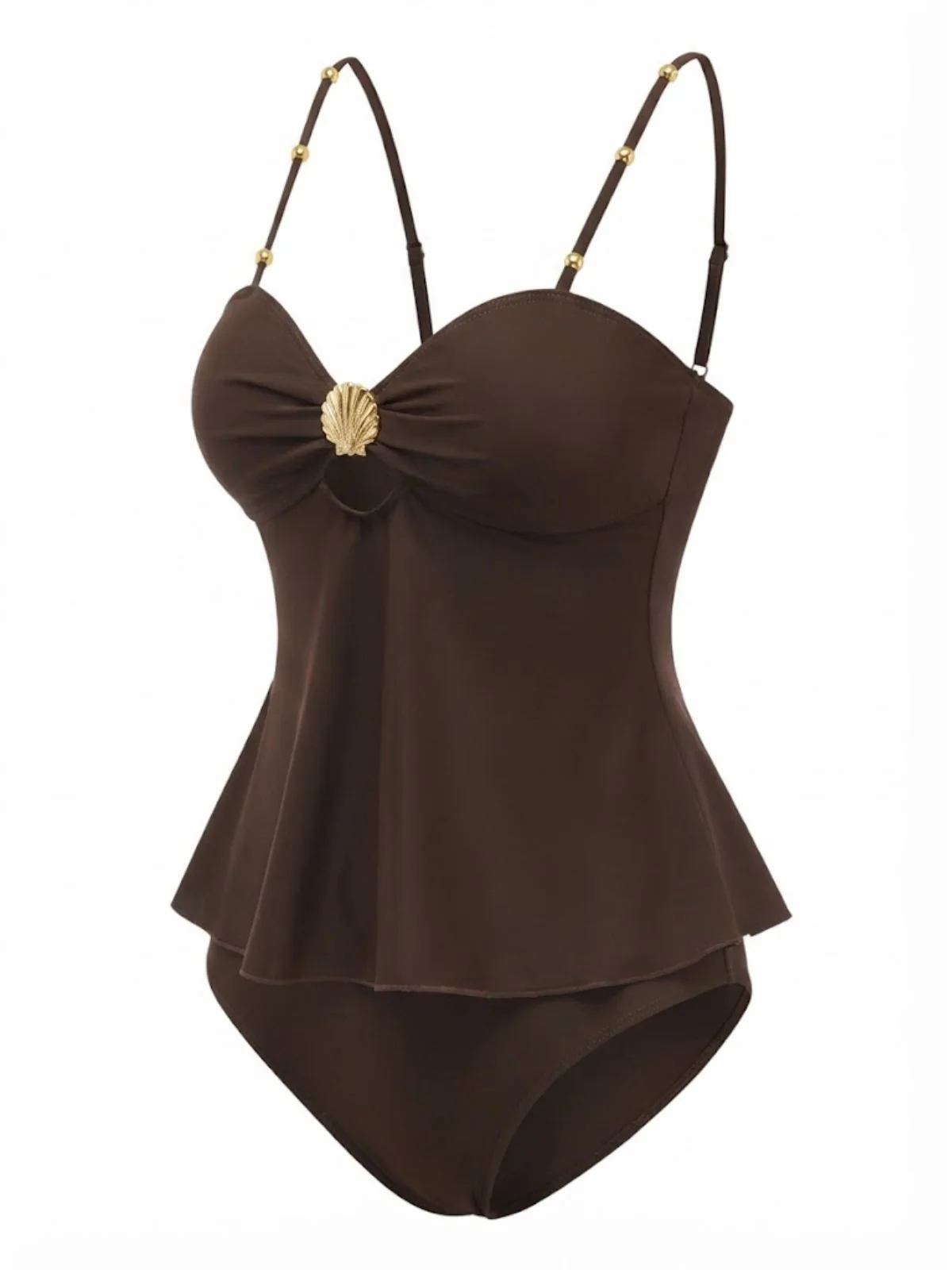 2PCS Dunkelbraun 1950er Uni Shell Tankini Set - Image 3
