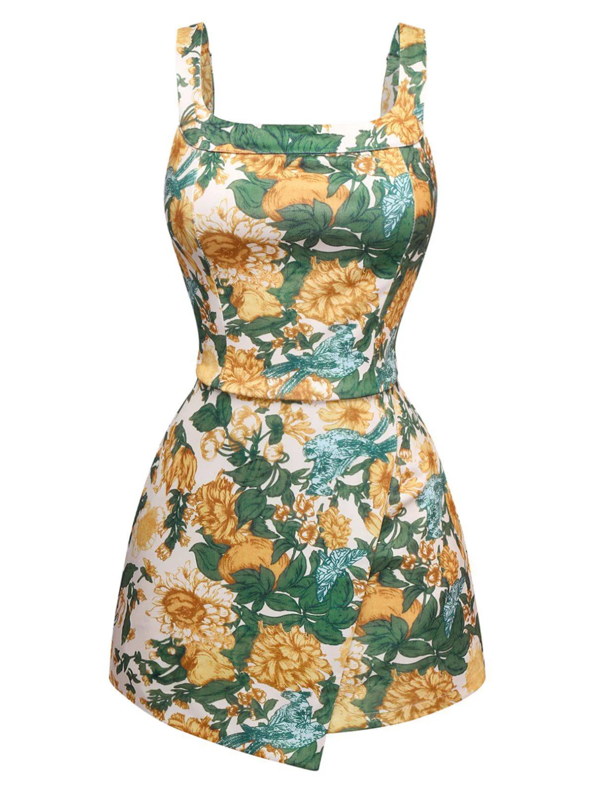 2PCS Gelb 1950er Blumen Breiter Träger Top & Mini Rock