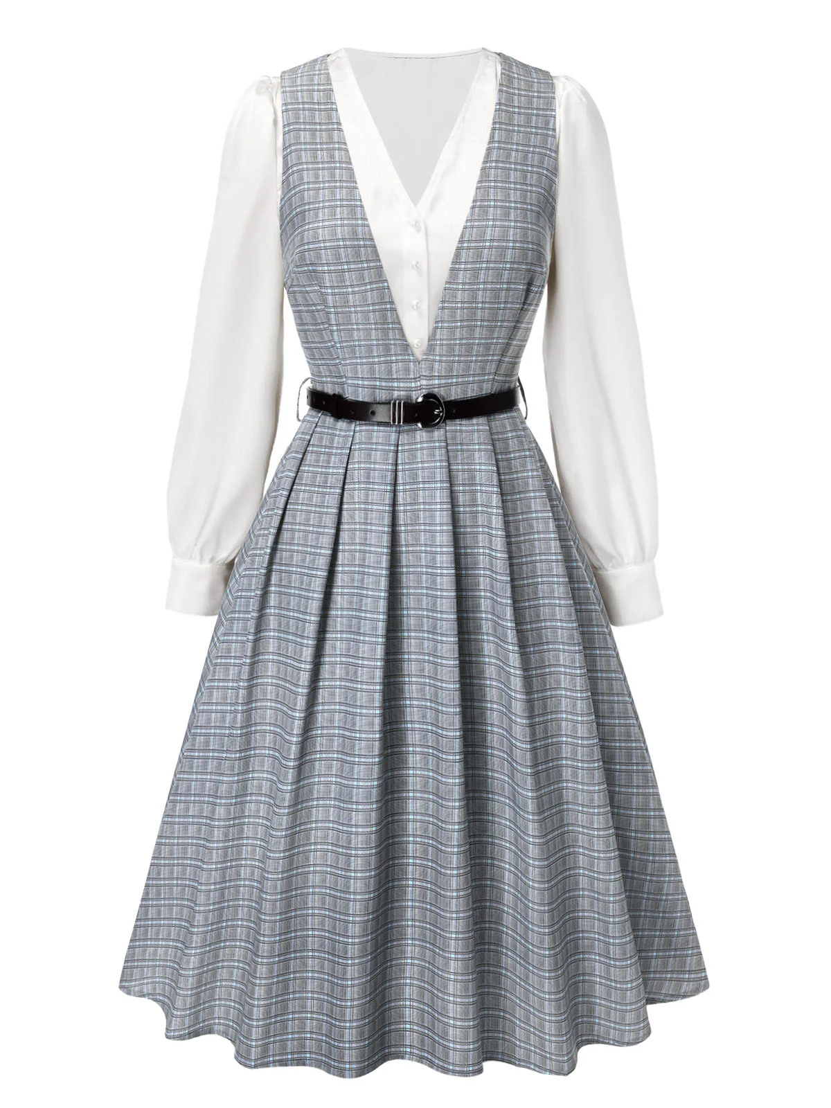 2PCS Grau 1940er V-Ausschnitt Plaid Kleid & Satin Bluse - Image 19