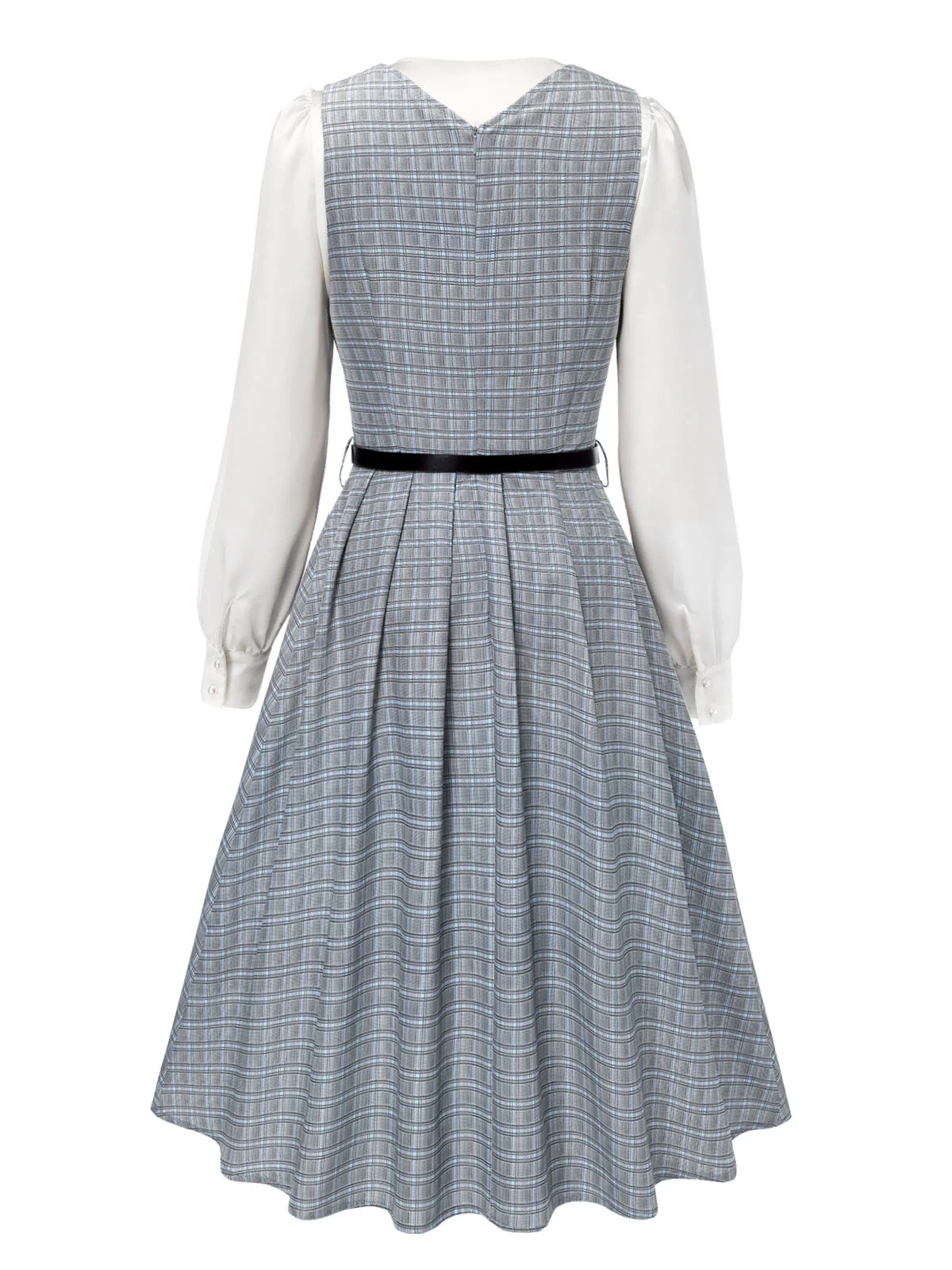 2PCS Grau 1940er V-Ausschnitt Plaid Kleid & Satin Bluse - Image 20