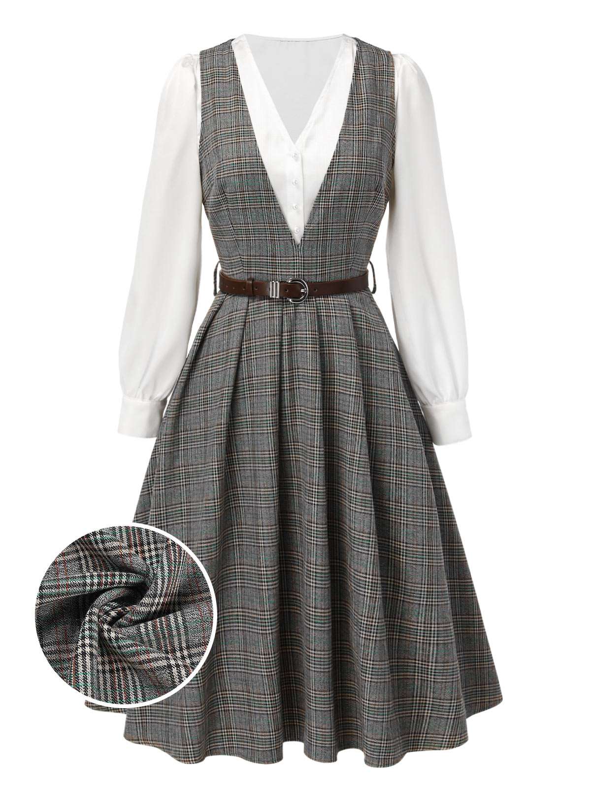 2PCS Grau 1940er V-Ausschnitt Plaid Kleid & Satin Bluse - Image 3