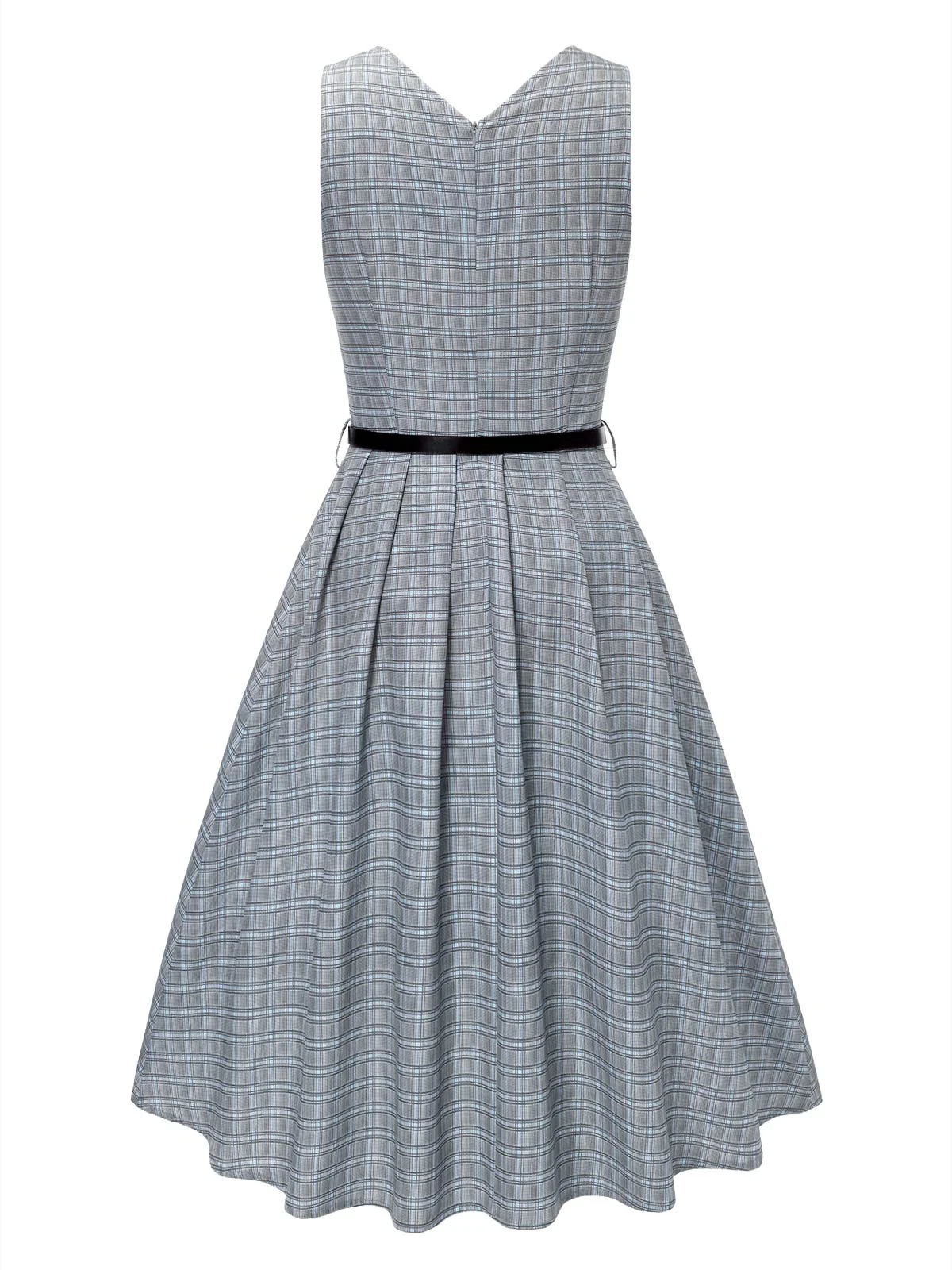 2PCS Grau 1940er V-Ausschnitt Plaid Kleid & Satin Bluse - Image 22