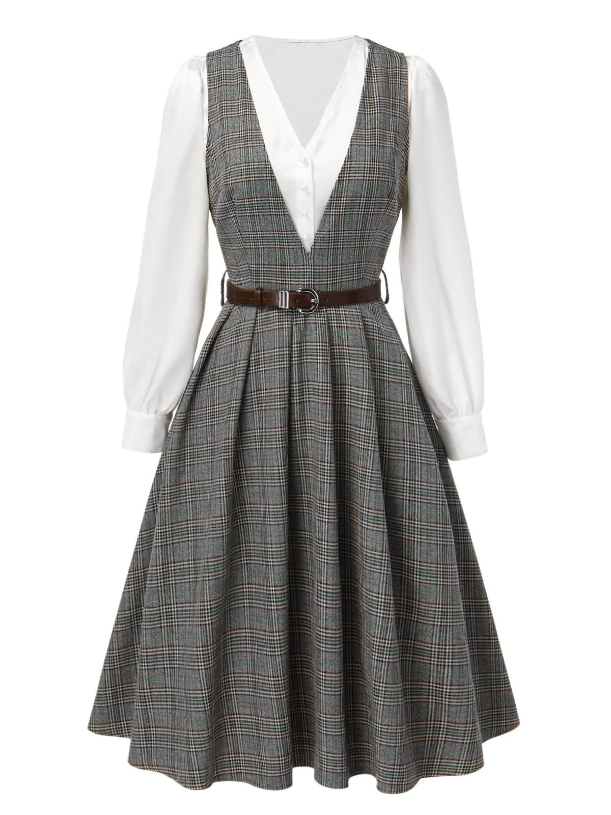 2PCS Grau 1940er V-Ausschnitt Plaid Kleid & Satin Bluse - Image 4