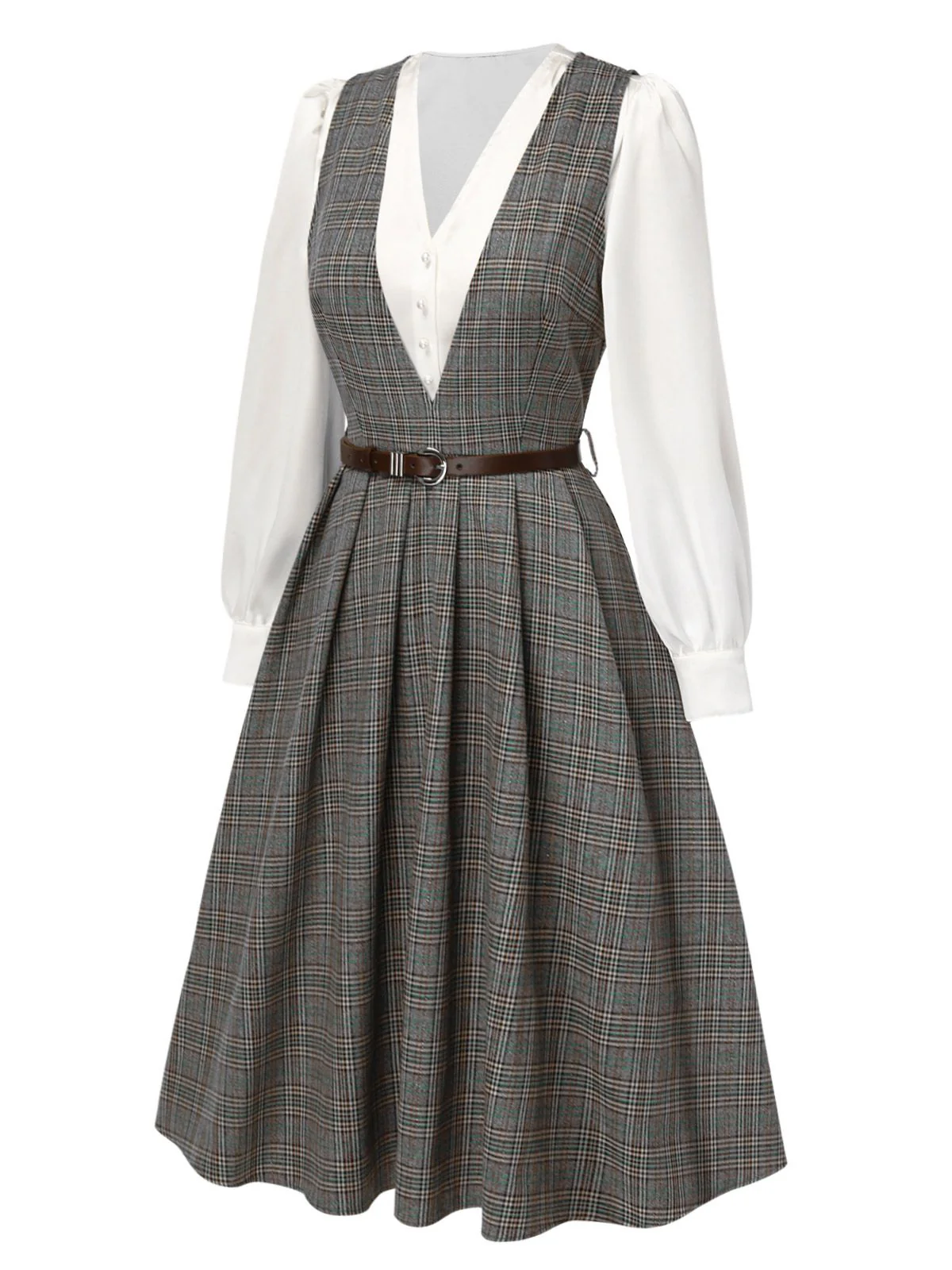 2PCS Grau 1940er V-Ausschnitt Plaid Kleid & Satin Bluse - Image 5