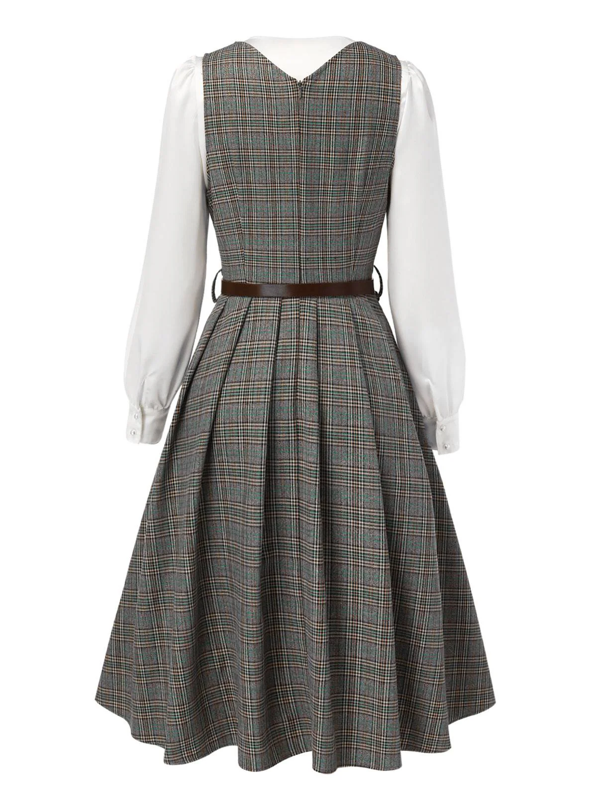 2PCS Grau 1940er V-Ausschnitt Plaid Kleid & Satin Bluse - Image 6