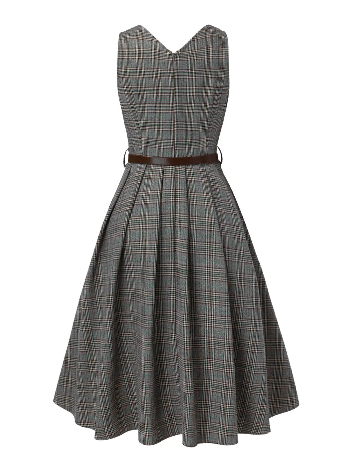 2PCS Grau 1940er V-Ausschnitt Plaid Kleid & Satin Bluse - Image 9