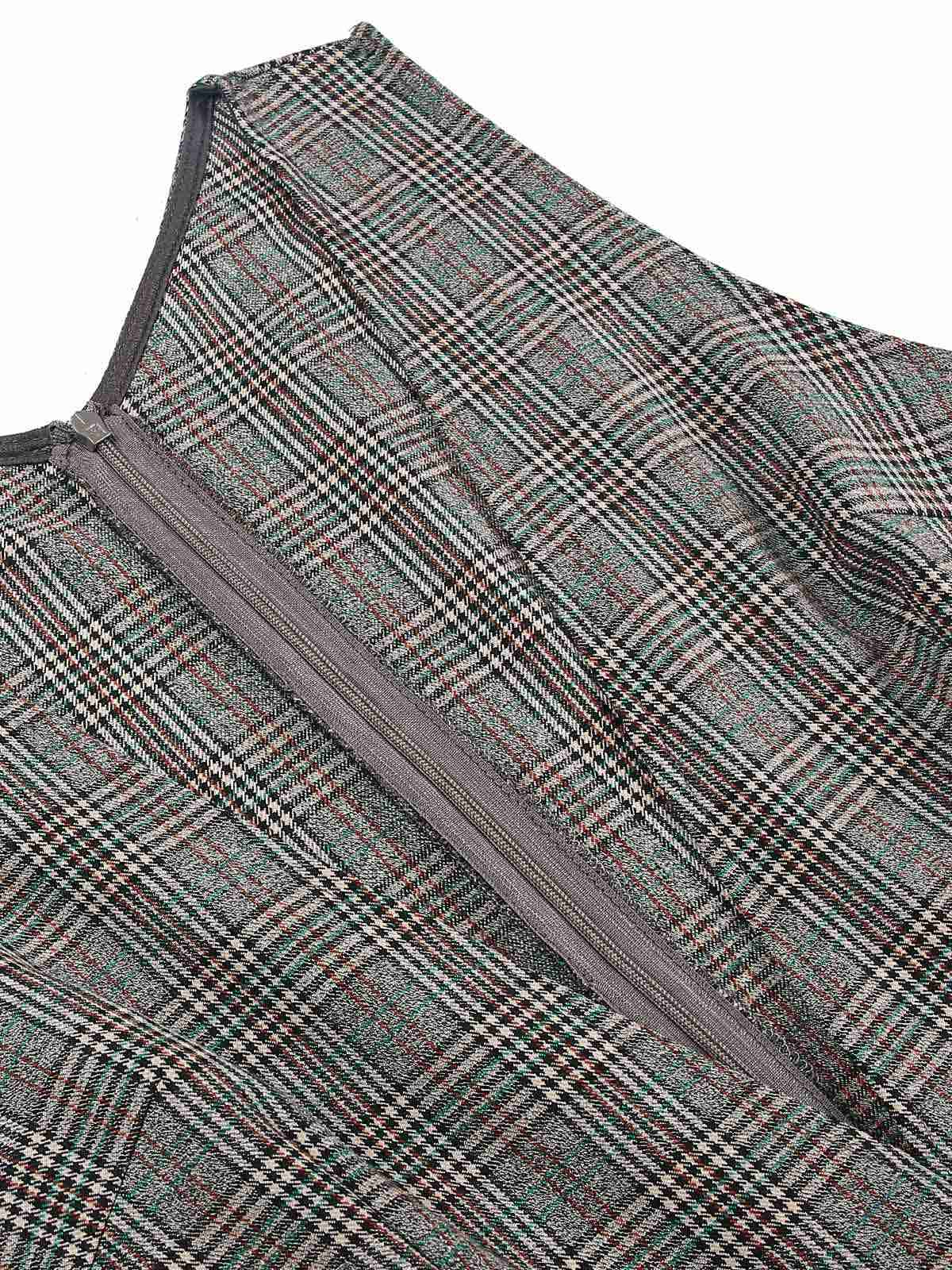 2PCS Grau 1940er V-Ausschnitt Plaid Kleid & Satin Bluse - Image 10