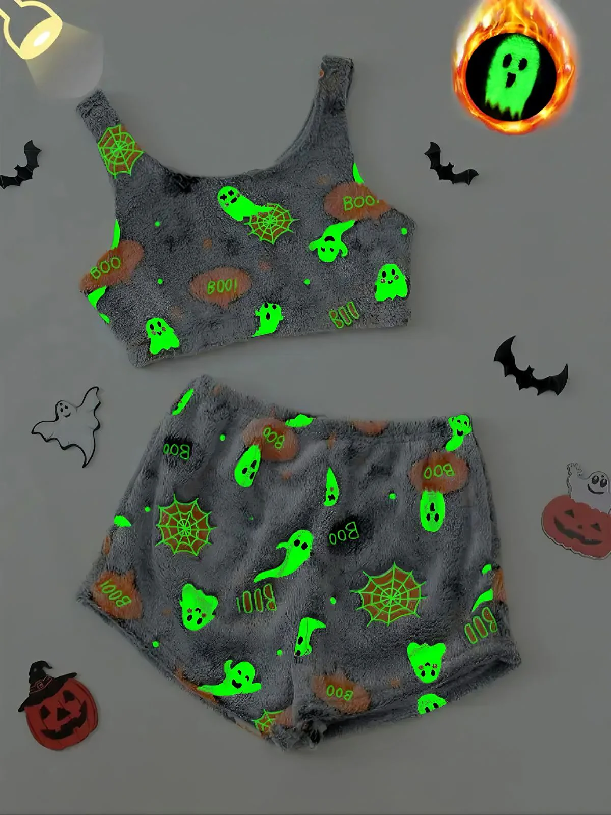 2PCS Grau 1970er Halloween Glühend Flanell Pyjama Sett - Image 2