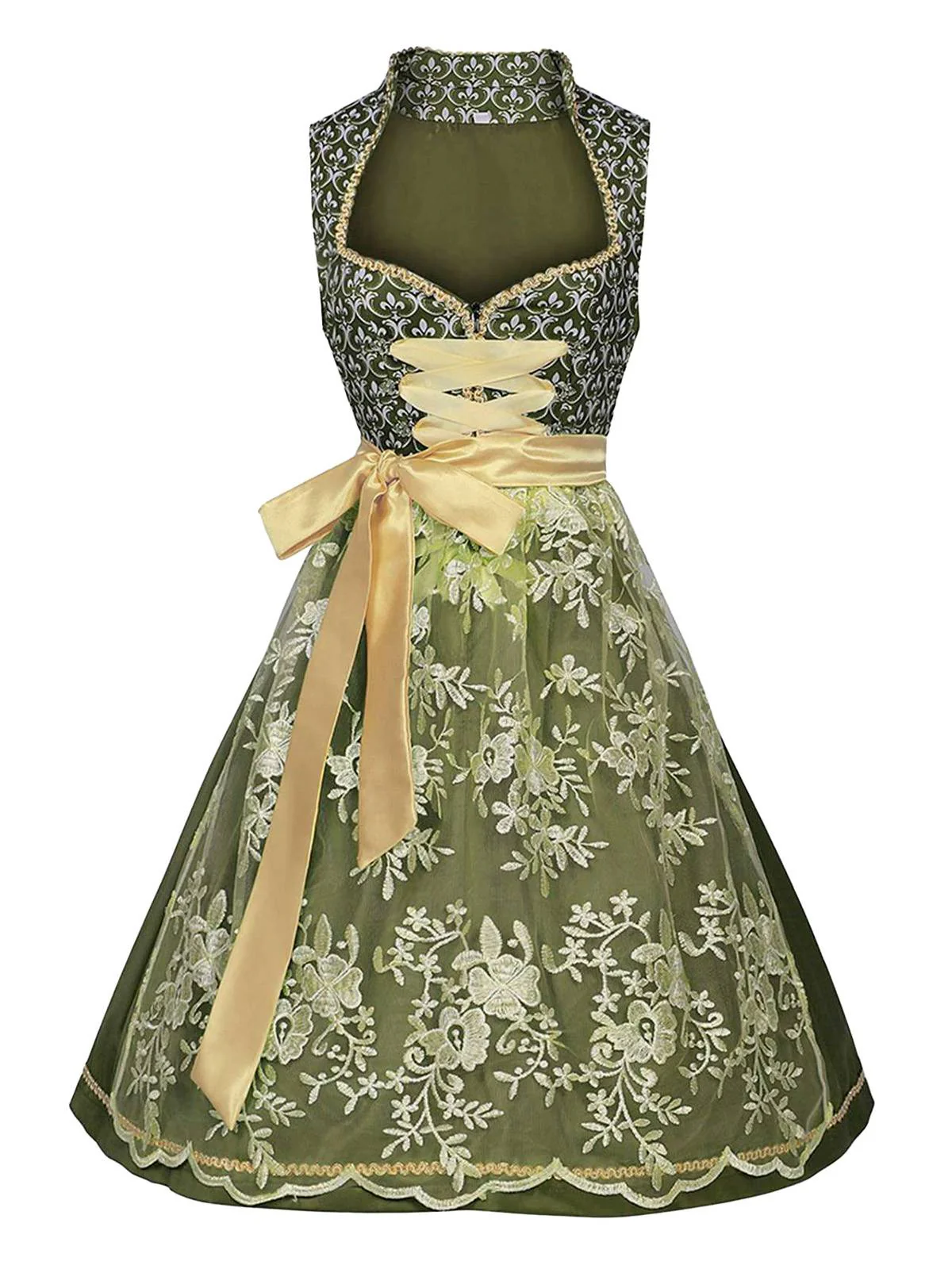 2PCS Grün 1950er Oktoberfest Dirndl Schleife Blumen Kleid & Stickerei Schürze