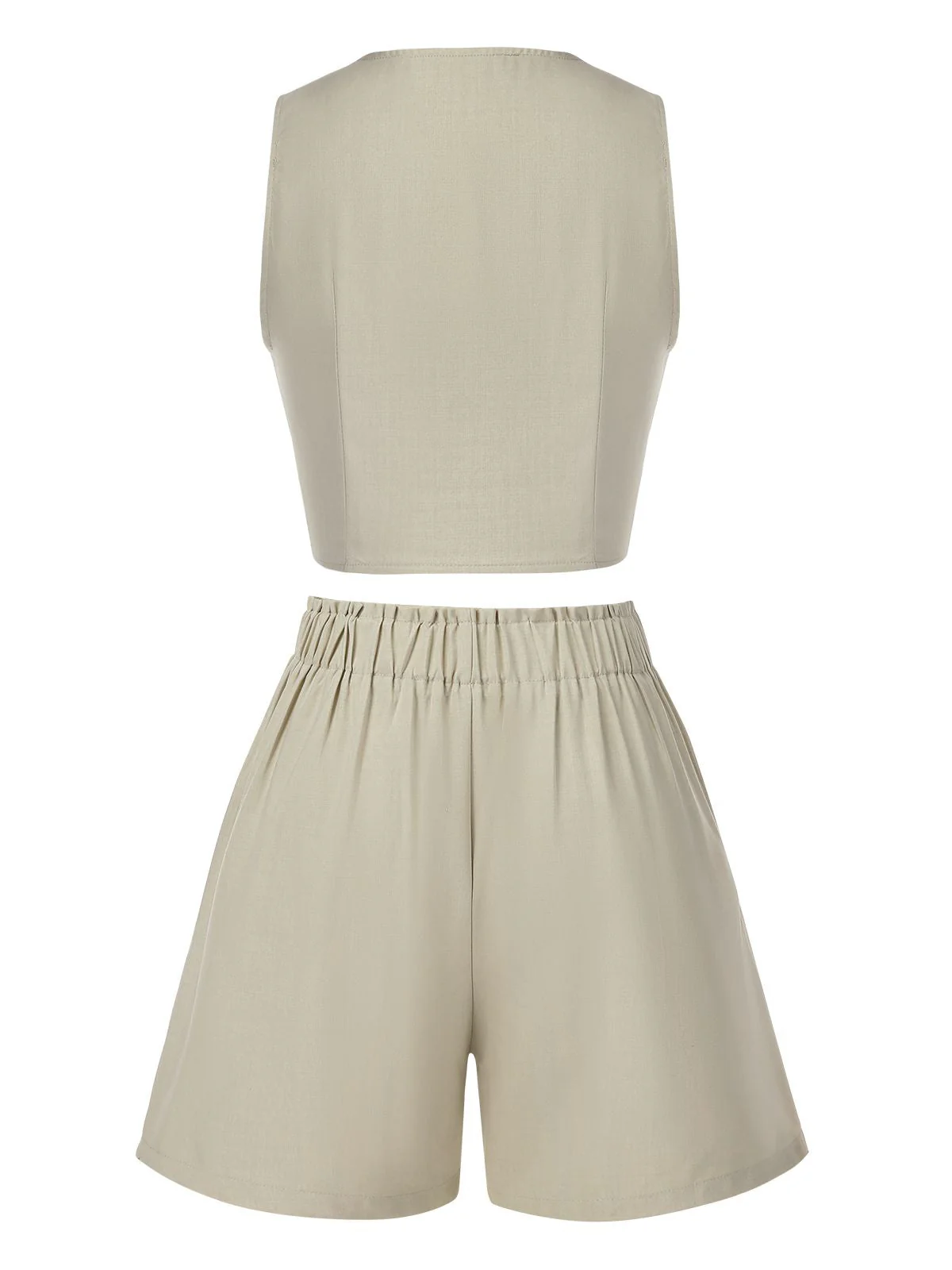 2PCS Helles Khaki 1950er Solide V-Ausschnitt Weste & Shorts - Image 2