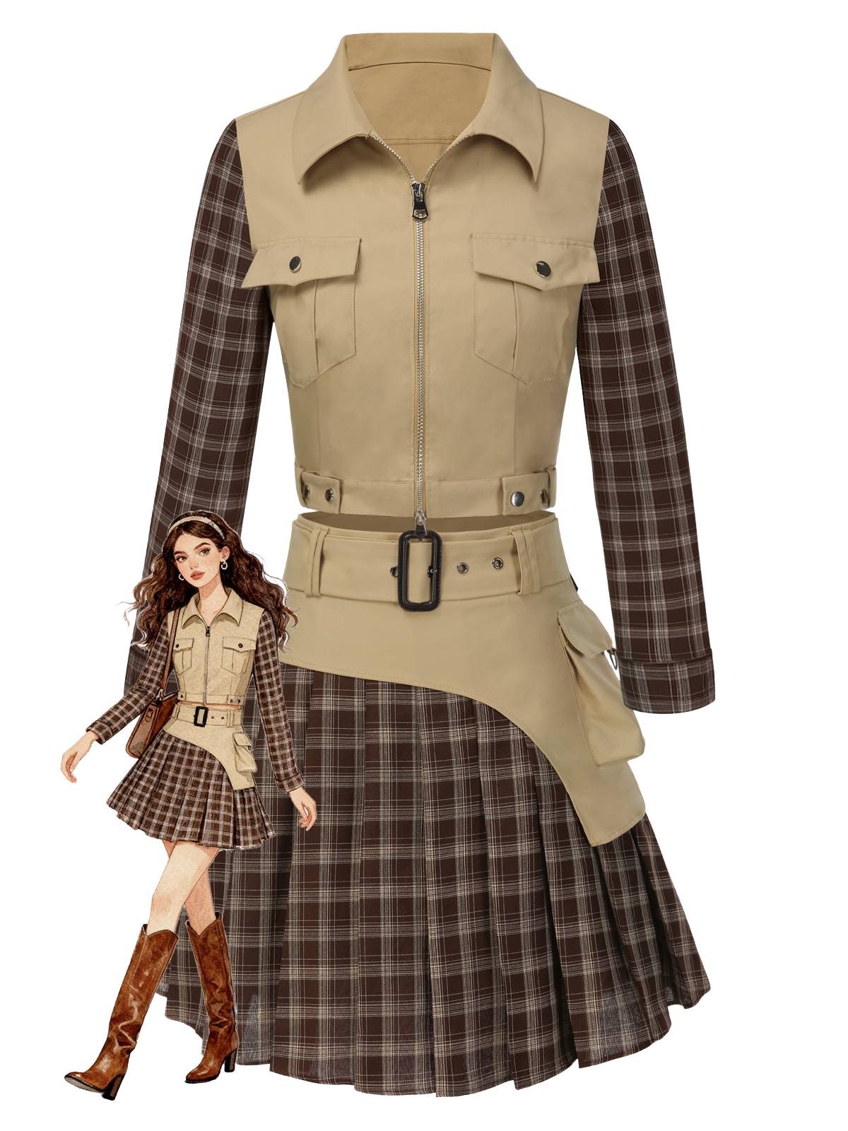 2PCS Khaki 1960er Plaid Patchwork Jacke & Plissiertes Rock