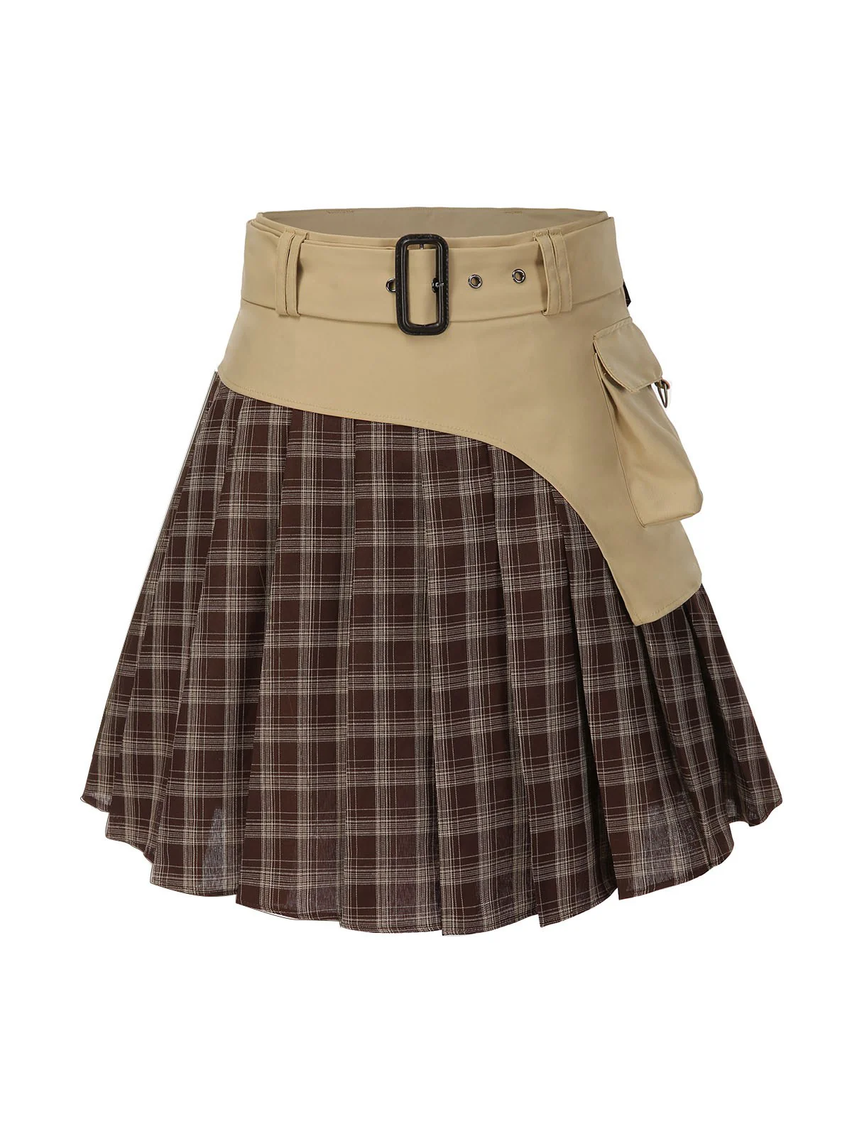 2PCS Khaki 1960er Plaid Patchwork Jacke & Plissiertes Rock - Image 11