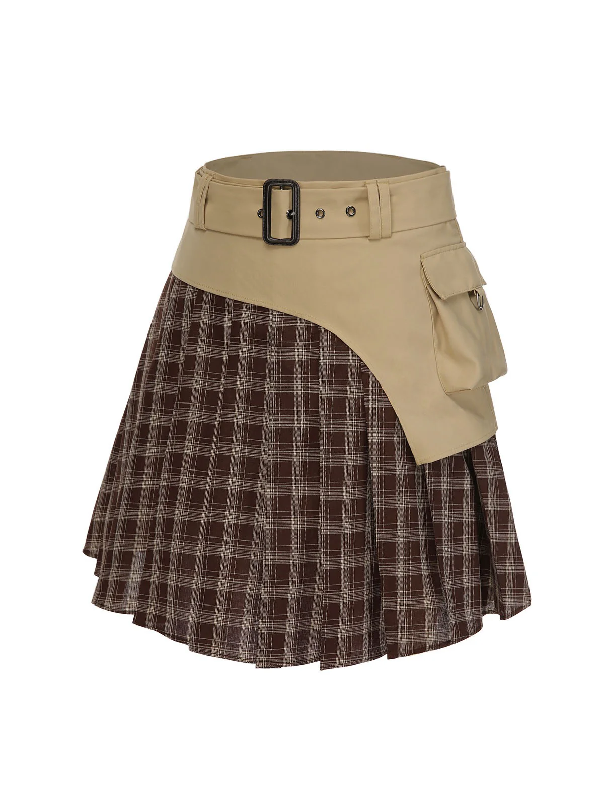 2PCS Khaki 1960er Plaid Patchwork Jacke & Plissiertes Rock - Image 12