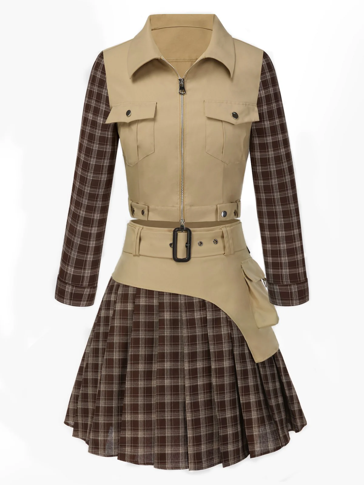 2PCS Khaki 1960er Plaid Patchwork Jacke & Plissiertes Rock - Image 2