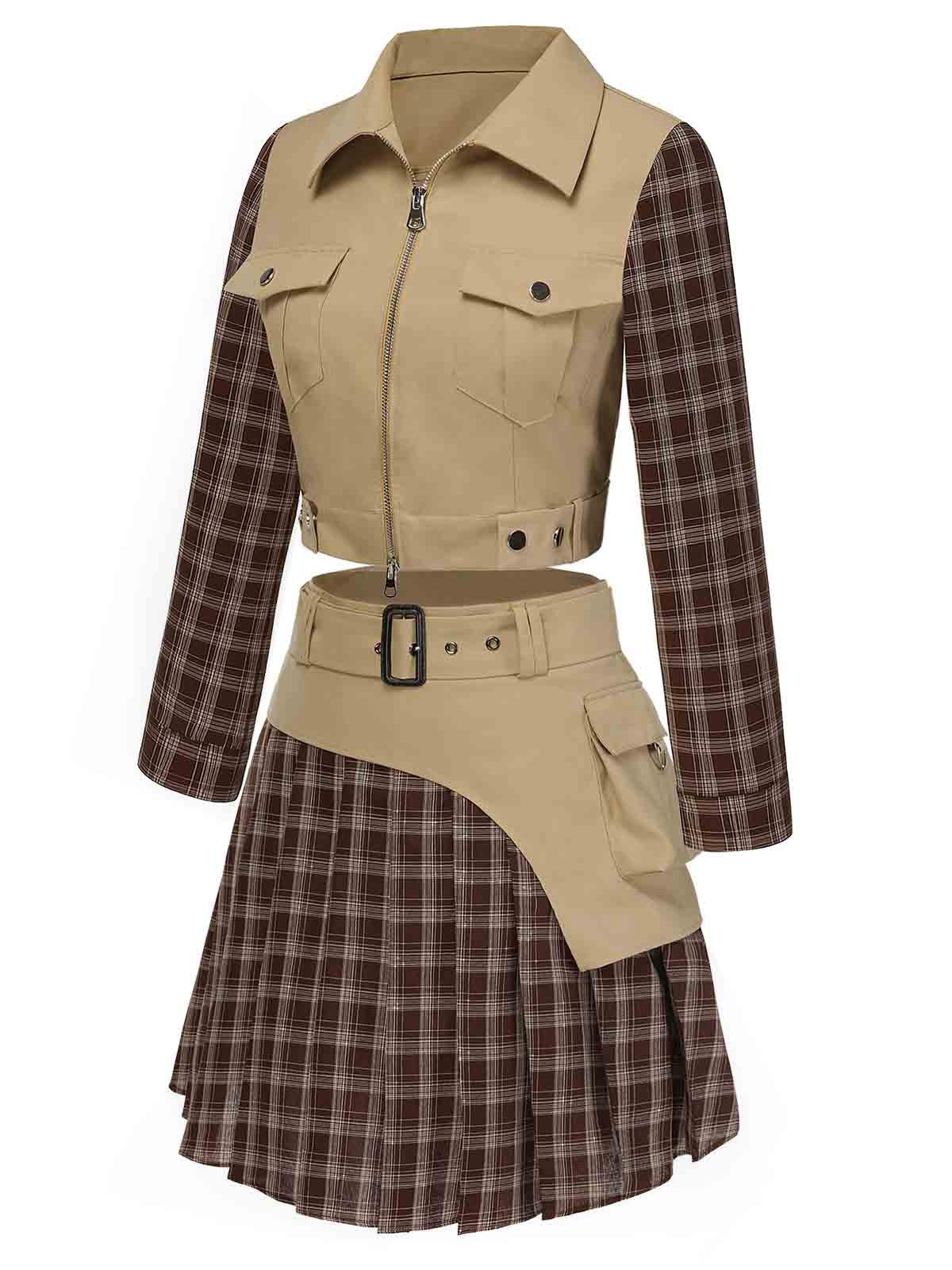 2PCS Khaki 1960er Plaid Patchwork Jacke & Plissiertes Rock - Image 3