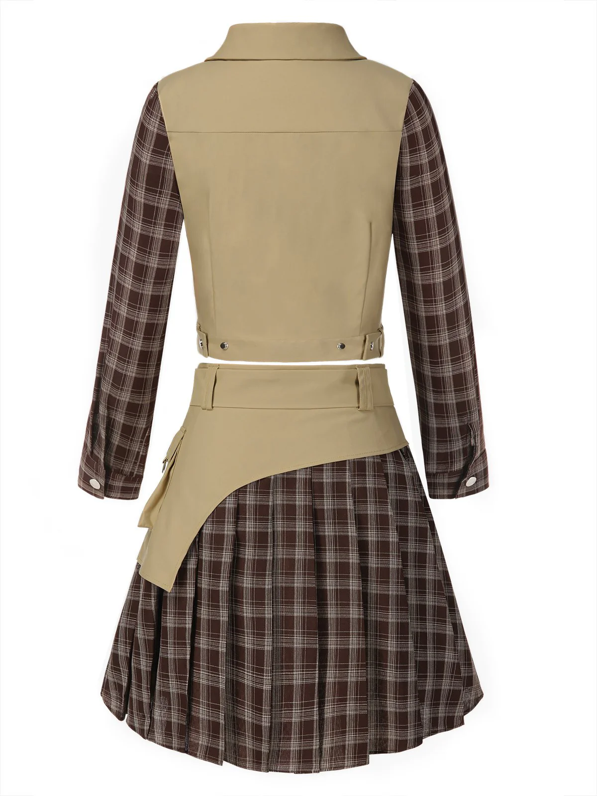 2PCS Khaki 1960er Plaid Patchwork Jacke & Plissiertes Rock - Image 4