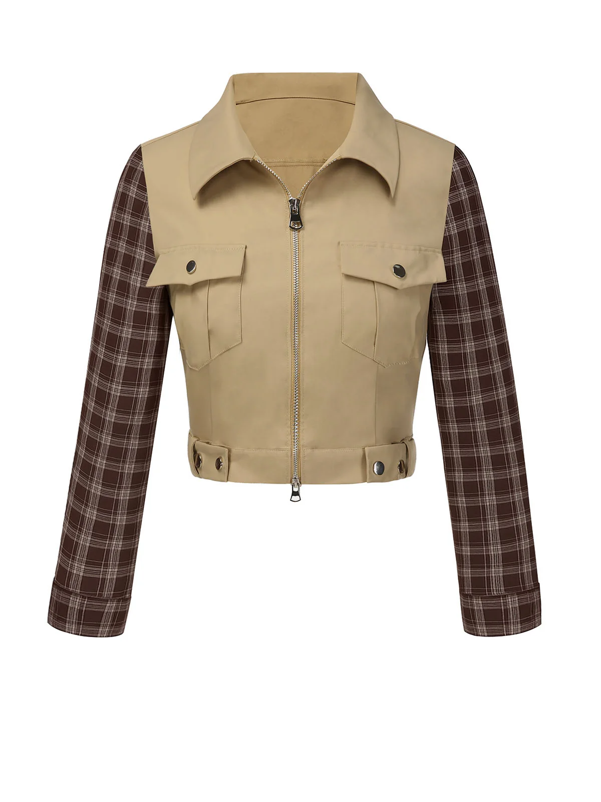 2PCS Khaki 1960er Plaid Patchwork Jacke & Plissiertes Rock - Image 5