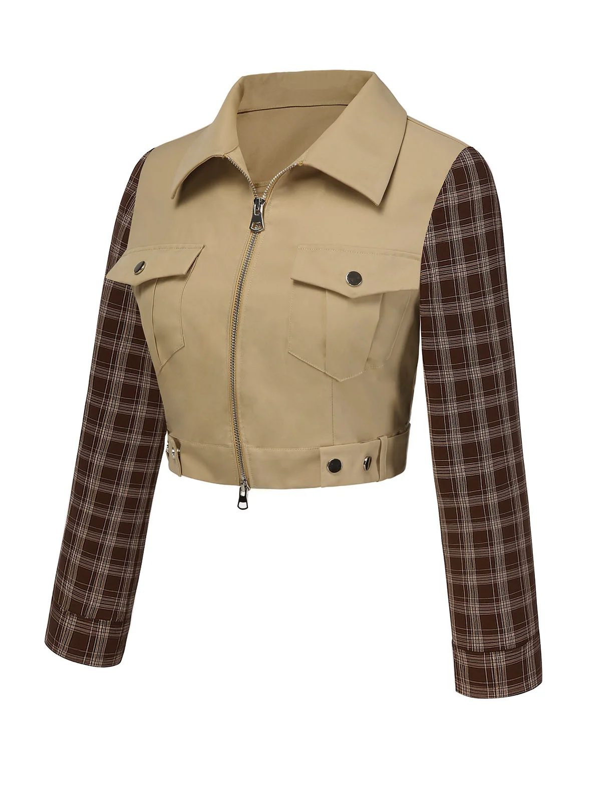 2PCS Khaki 1960er Plaid Patchwork Jacke & Plissiertes Rock - Image 6