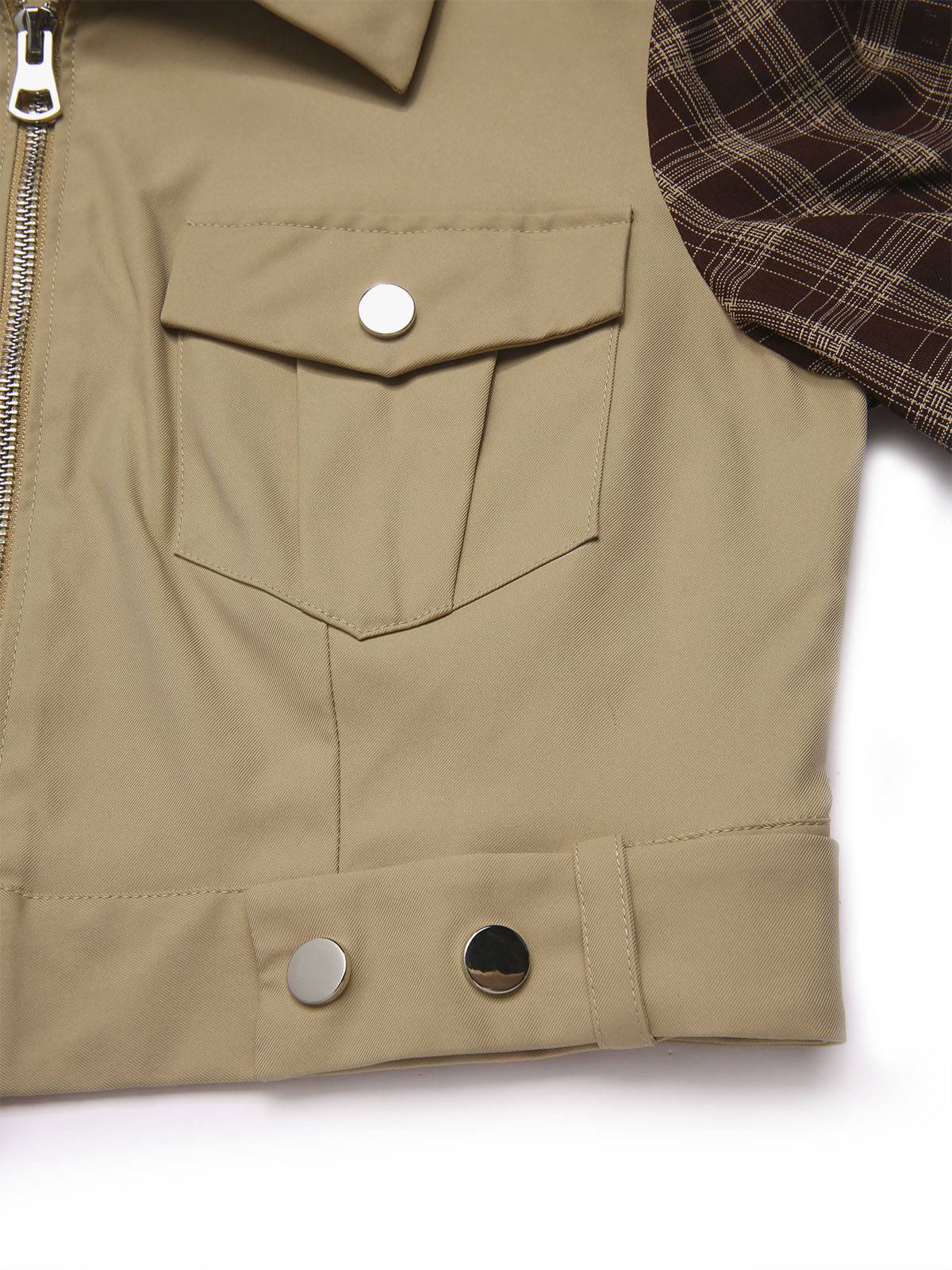 2PCS Khaki 1960er Plaid Patchwork Jacke & Plissiertes Rock - Image 9
