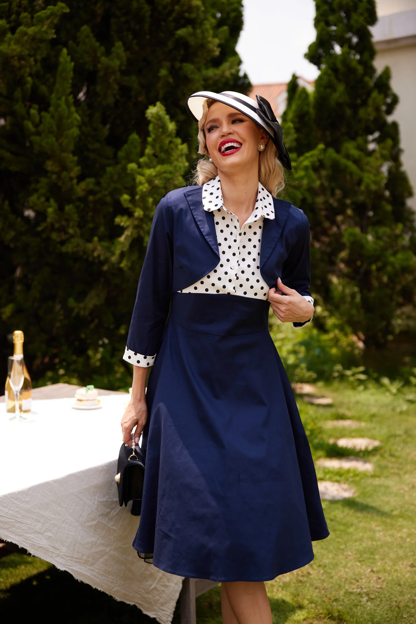 2PCS Marineblau 1950er Tupfen Patchwork Swing Kleid - Image 2