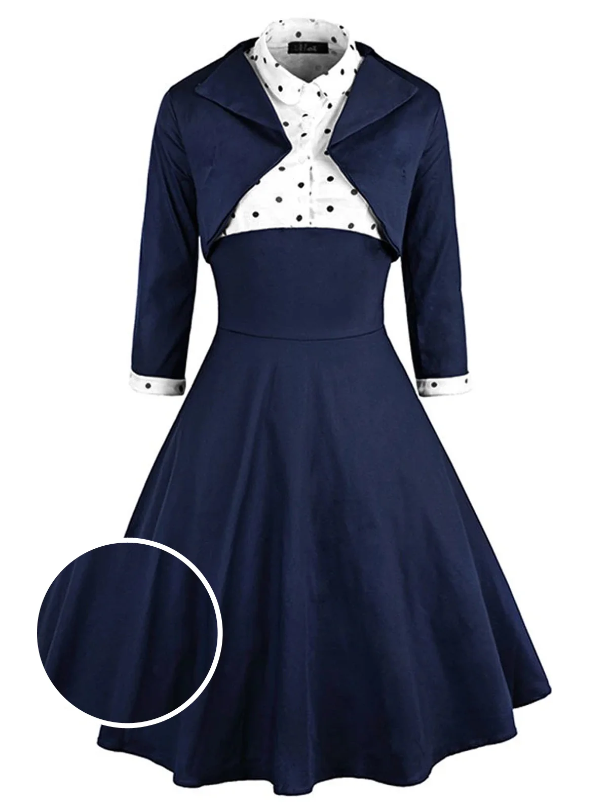 2PCS Marineblau 1950er Tupfen Patchwork Swing Kleid - Image 4