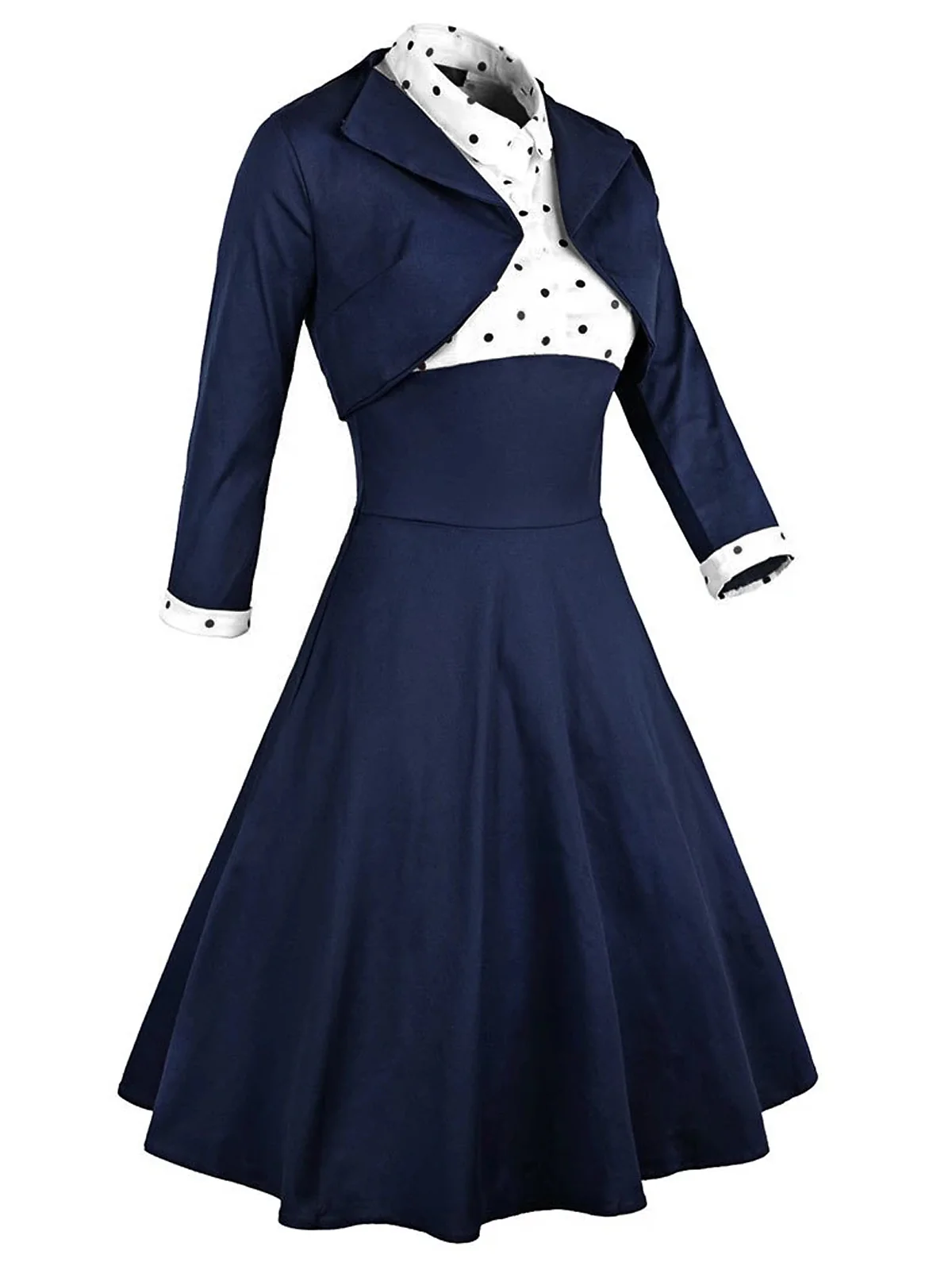 2PCS Marineblau 1950er Tupfen Patchwork Swing Kleid - Image 5