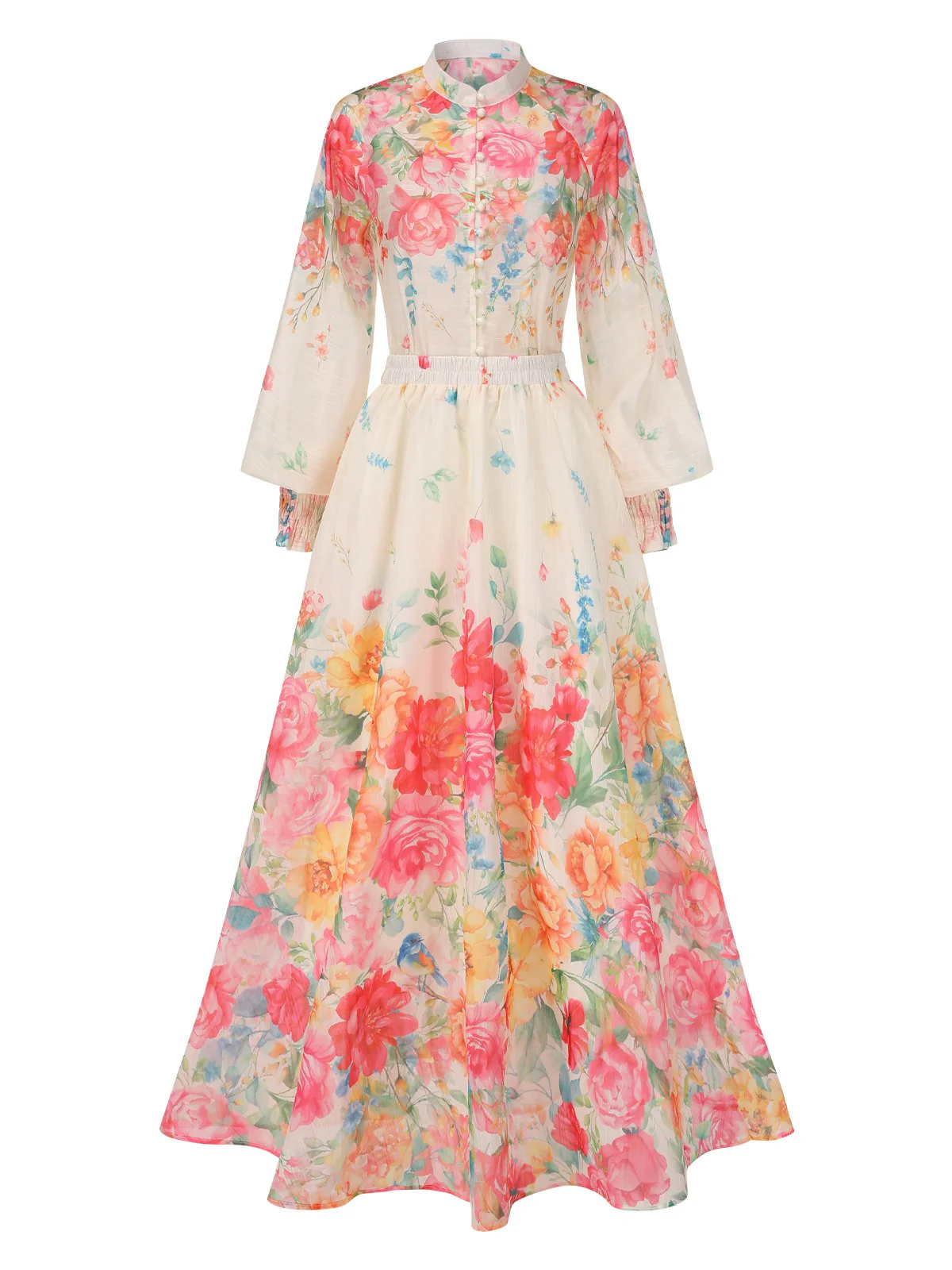 2PCS Multicolor 1950er Stehkragen Blumen Bluse & Rock - Image 2