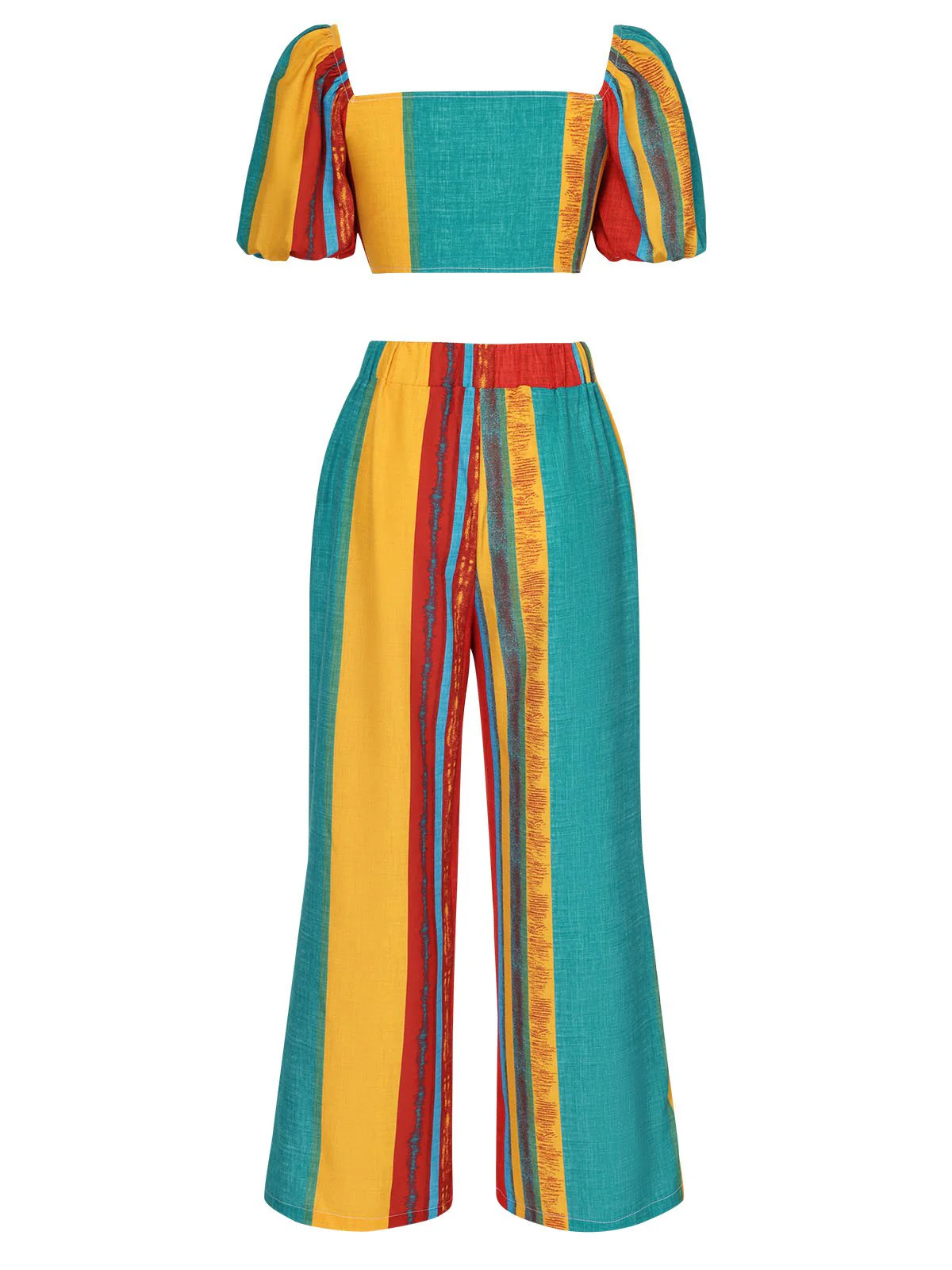 2PCS Multicolor 1960er Puffärmel Streifen Top & Hosen - Image 3