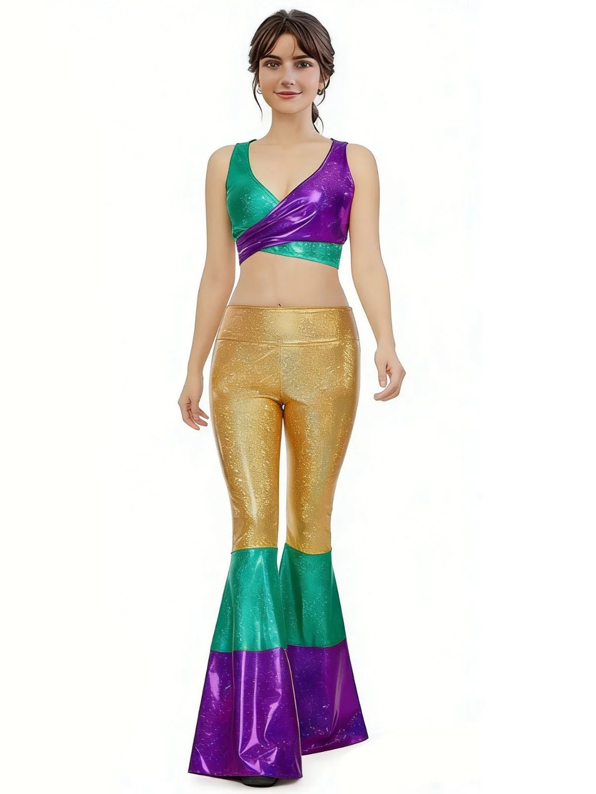 2PCS Multicolor 1970er Metallic Kurz Top & Schlag Hose - Image 2