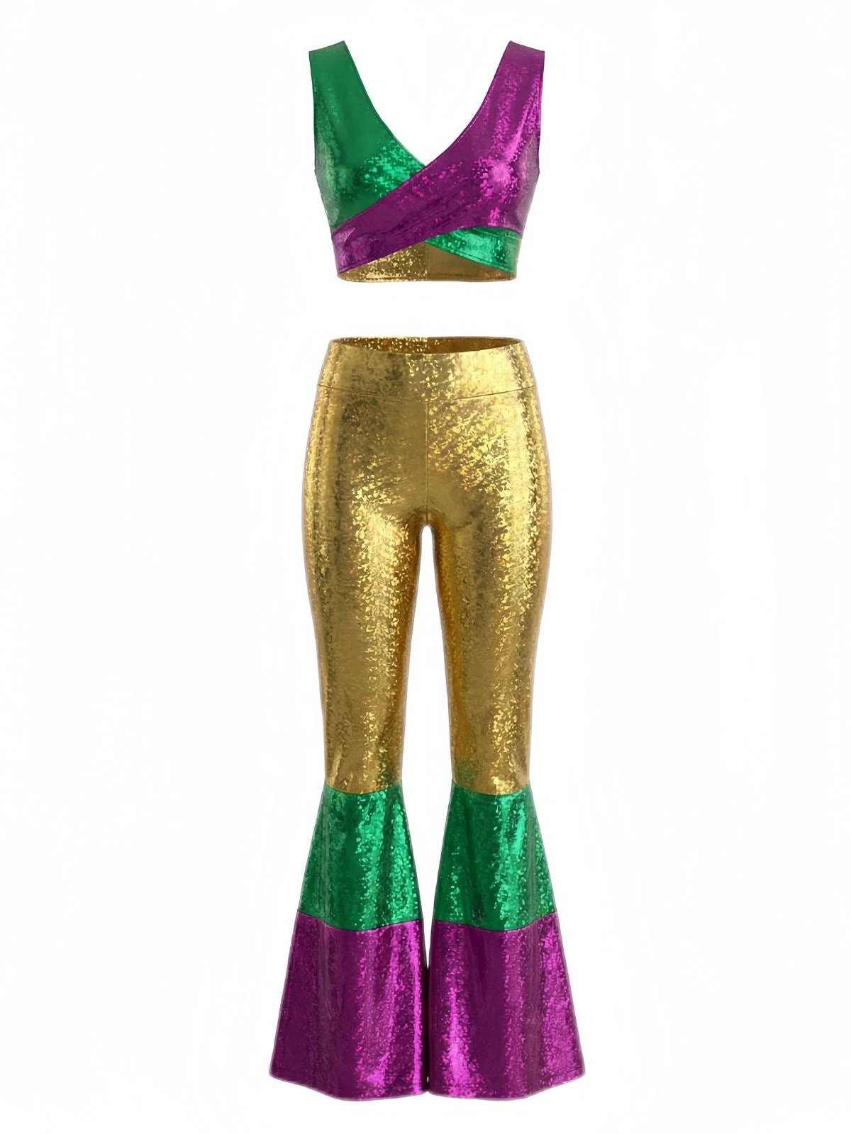 2PCS Multicolor 1970er Metallic Kurz Top & Schlag Hose - Image 3