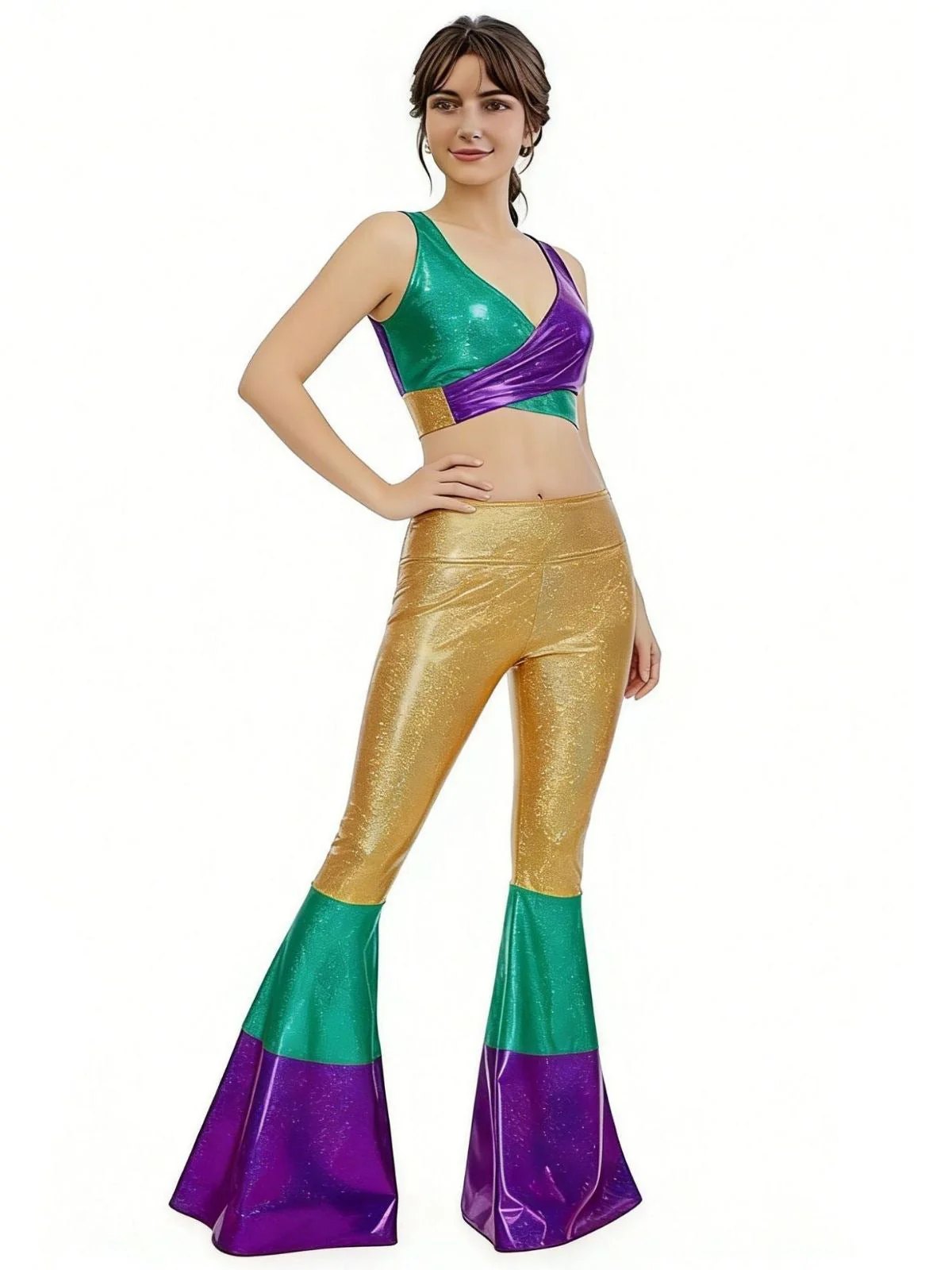 2PCS Multicolor 1970er Metallic Kurz Top & Schlag Hose - Image 4