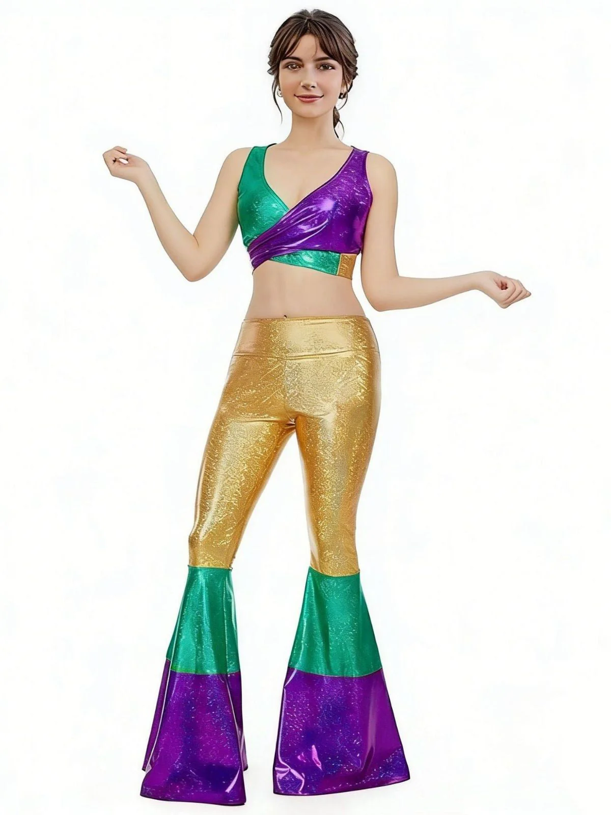 2PCS Multicolor 1970er Metallic Kurz Top & Schlag Hose - Image 5