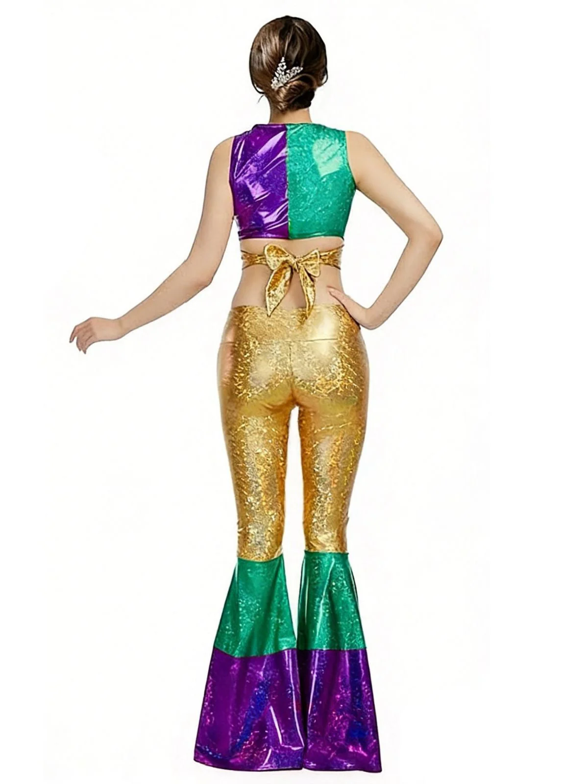2PCS Multicolor 1970er Metallic Kurz Top & Schlag Hose - Image 7