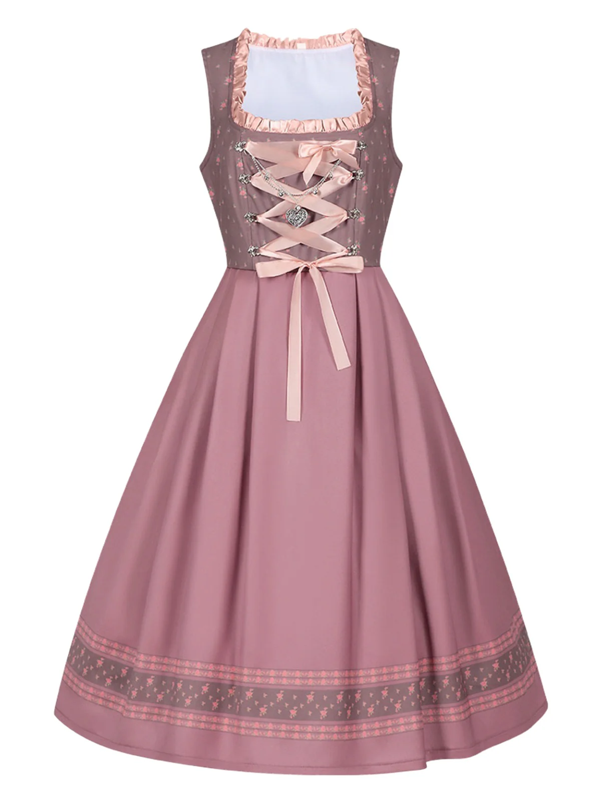 2PCS Nebelrose 1950er Oktoberfest Dirndl Blumen Satin Kleid & Schürze - Image 2