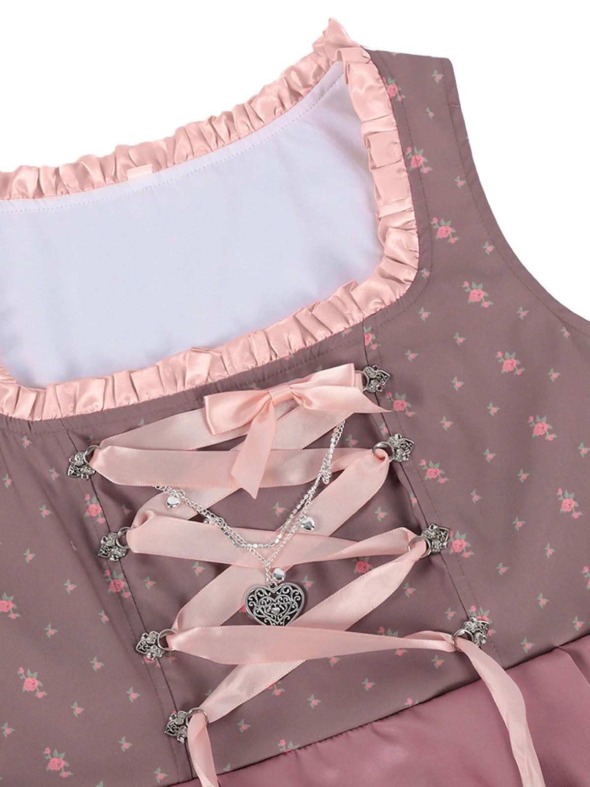 2PCS Nebelrose 1950er Oktoberfest Dirndl Blumen Satin Kleid & Schürze - Image 4