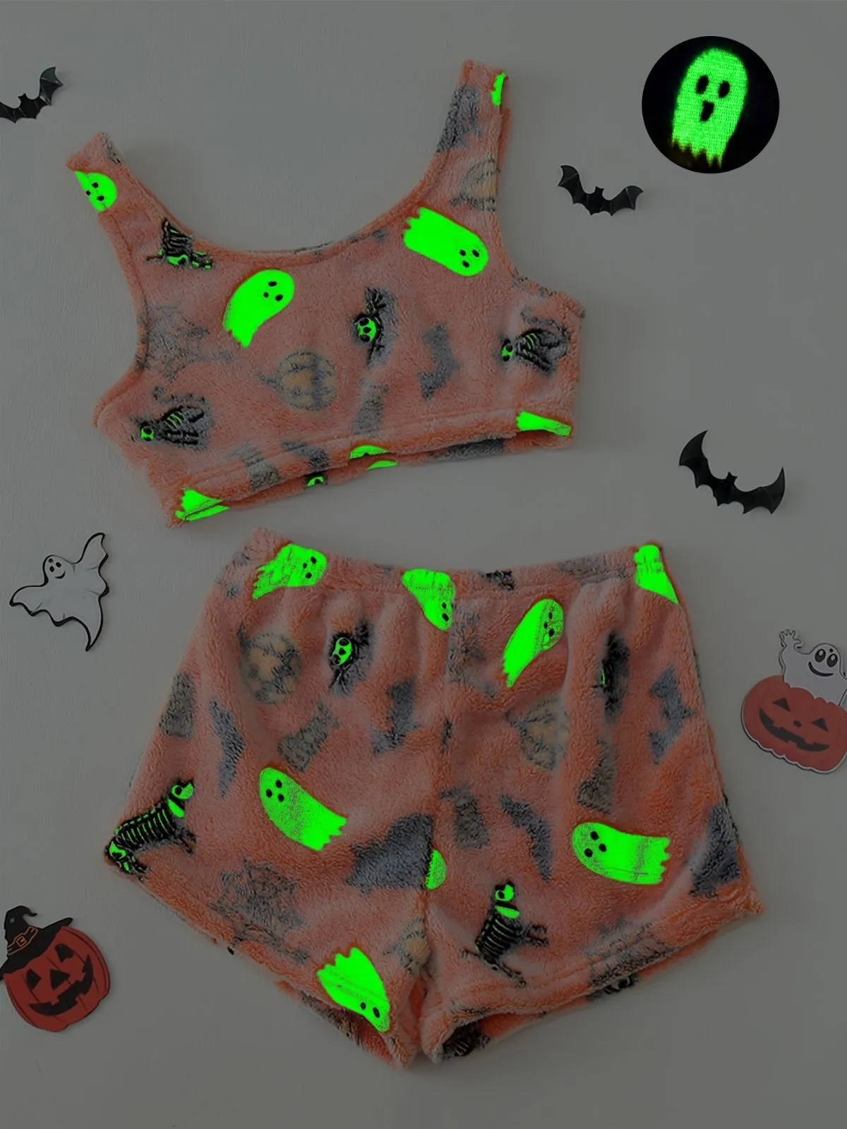 2PCS Orange 1960er Halloween Geist Vlies Pyjama Set - Image 3