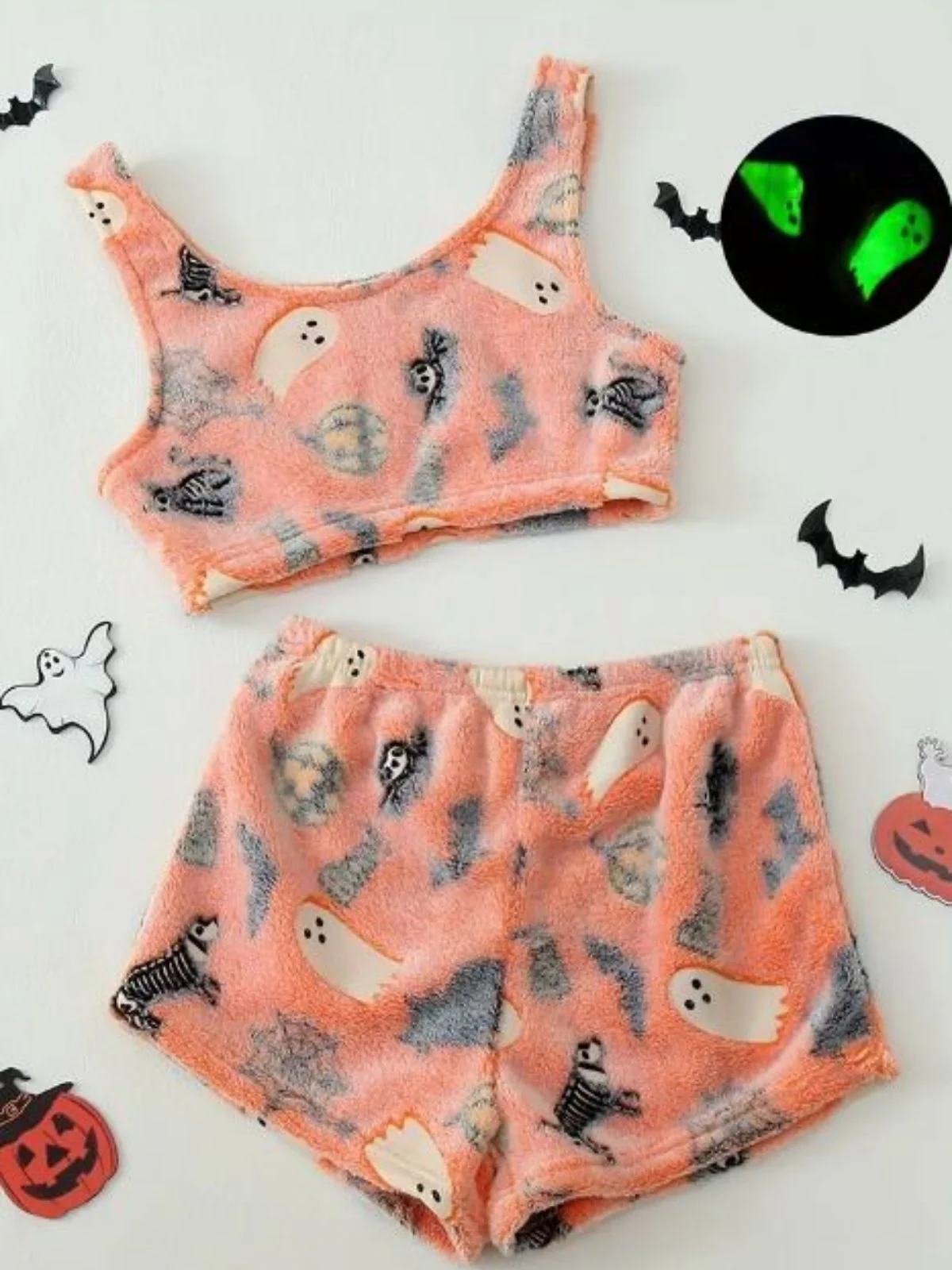 2PCS Orange 1960er Halloween Geist Vlies Pyjama Set - Image 5