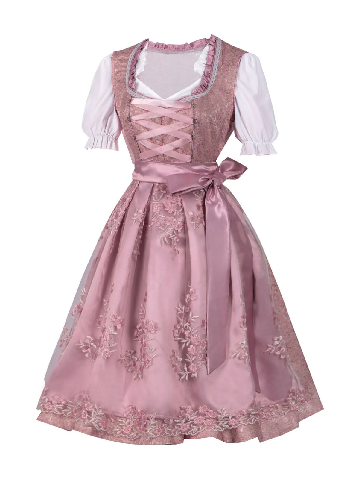 2PCS Rosa 1950 Oktoberfest Dirndl Besticktes Puffärmel Kleid - Image 2