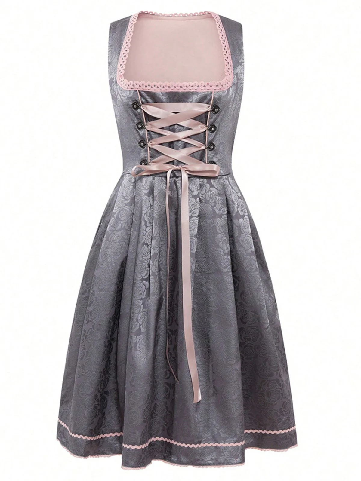 2PCS Rosa 1950er Oktoberfest Dirndl Blumen Jacquard Kleid & Schürze - Image 2