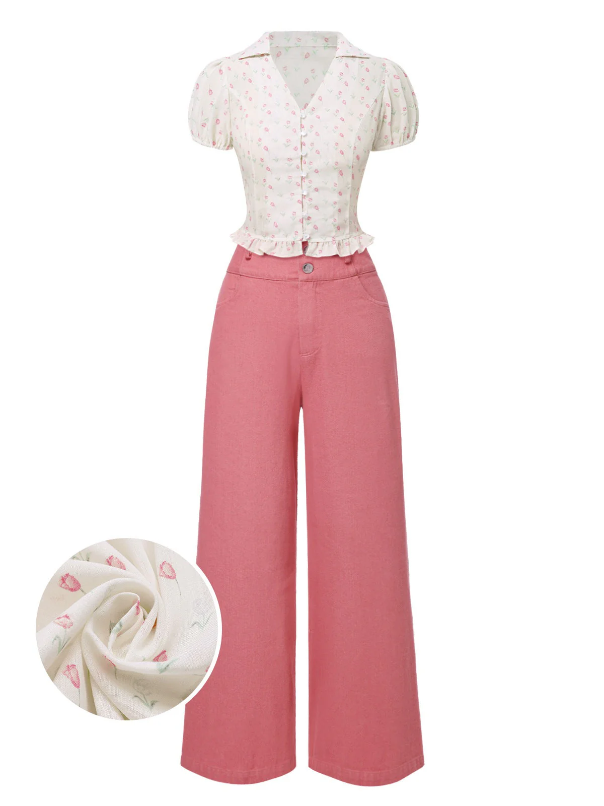 2PCS Rosa 1950er Tulip Bluse & Rose Tasten Hosen - Image 3