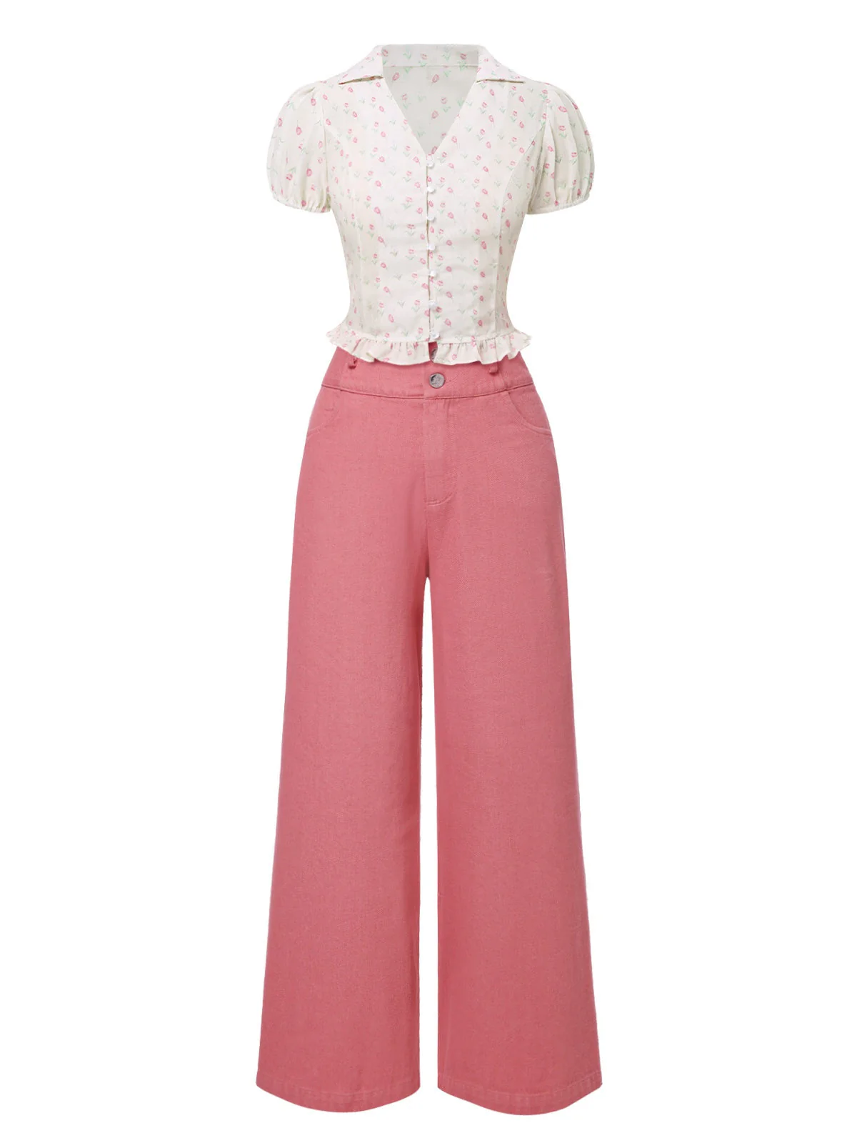 2PCS Rosa 1950er Tulip Bluse & Rose Tasten Hosen - Image 4