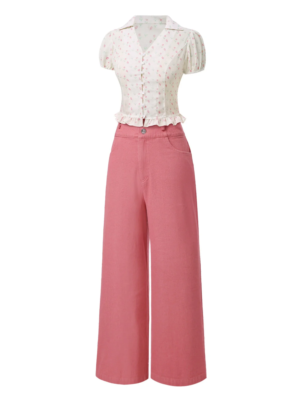 2PCS Rosa 1950er Tulip Bluse & Rose Tasten Hosen - Image 5