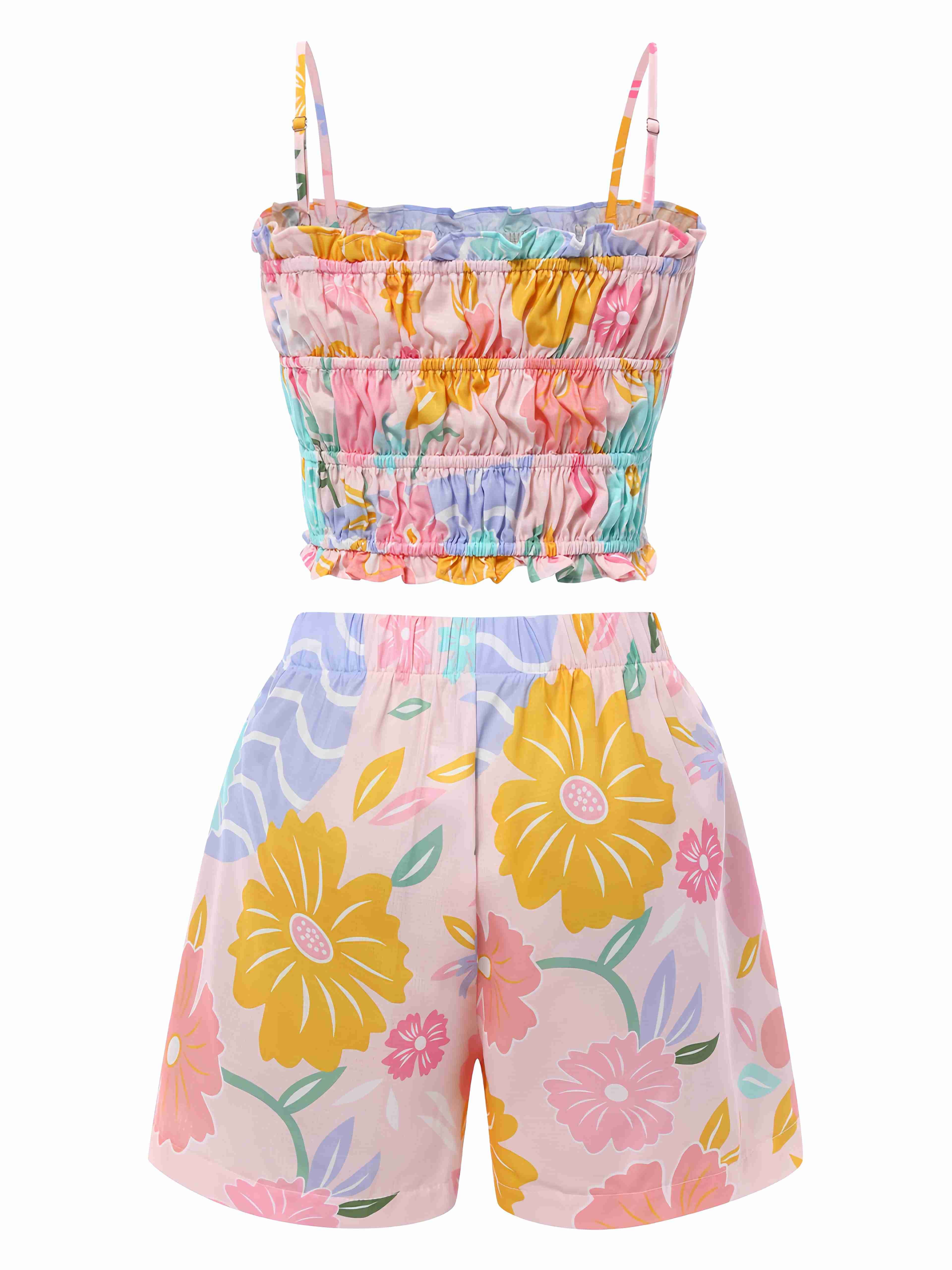 2PCS Rosa 1960er Blumen Drucken Rüschen Spaghetti Träger Camisole & Kurze Hosen - Image 2