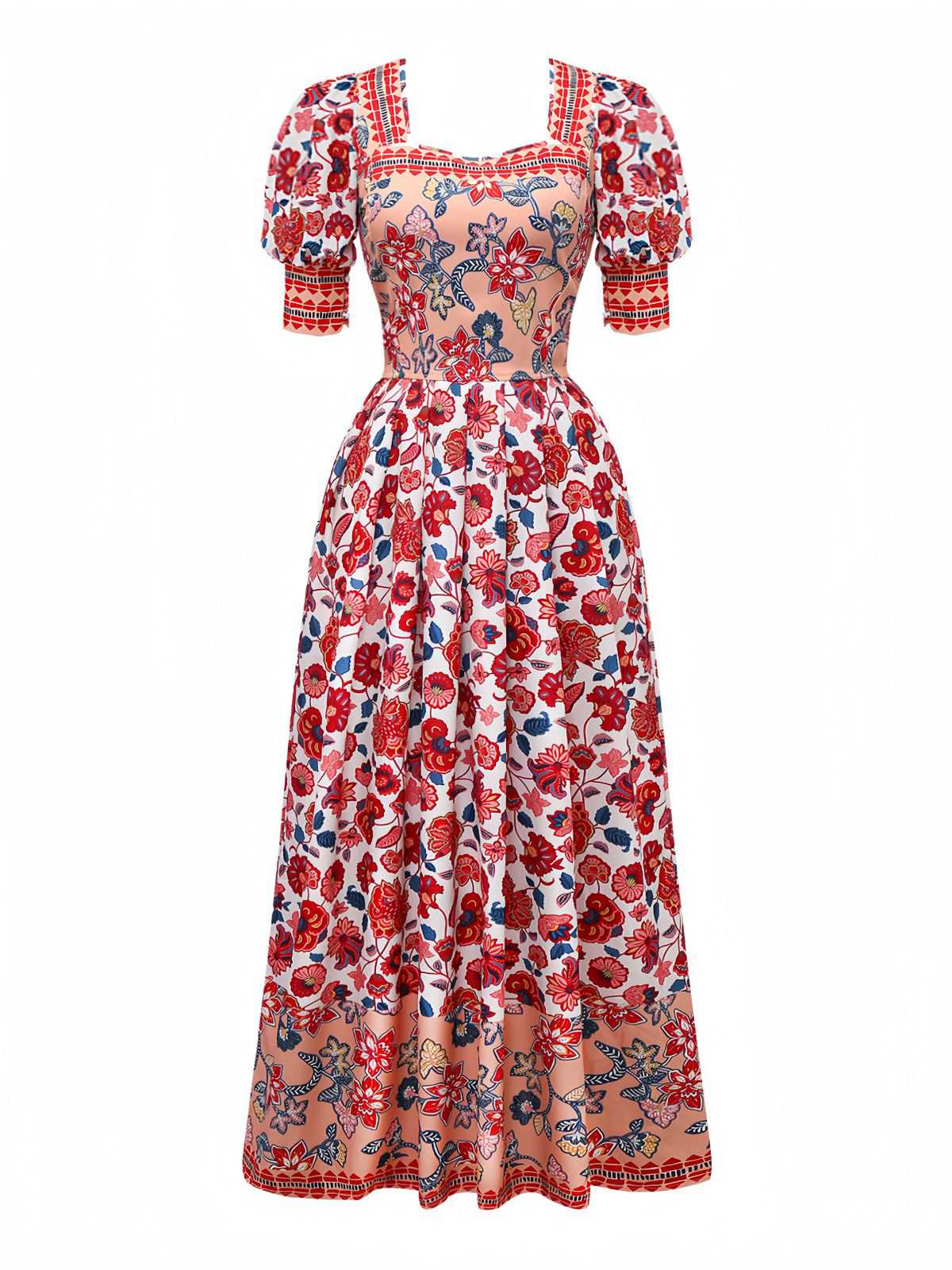 2PCS Rot 1930er Blumen Laternenärmel Ausgeschnitten Top & Gerüschtes Rock