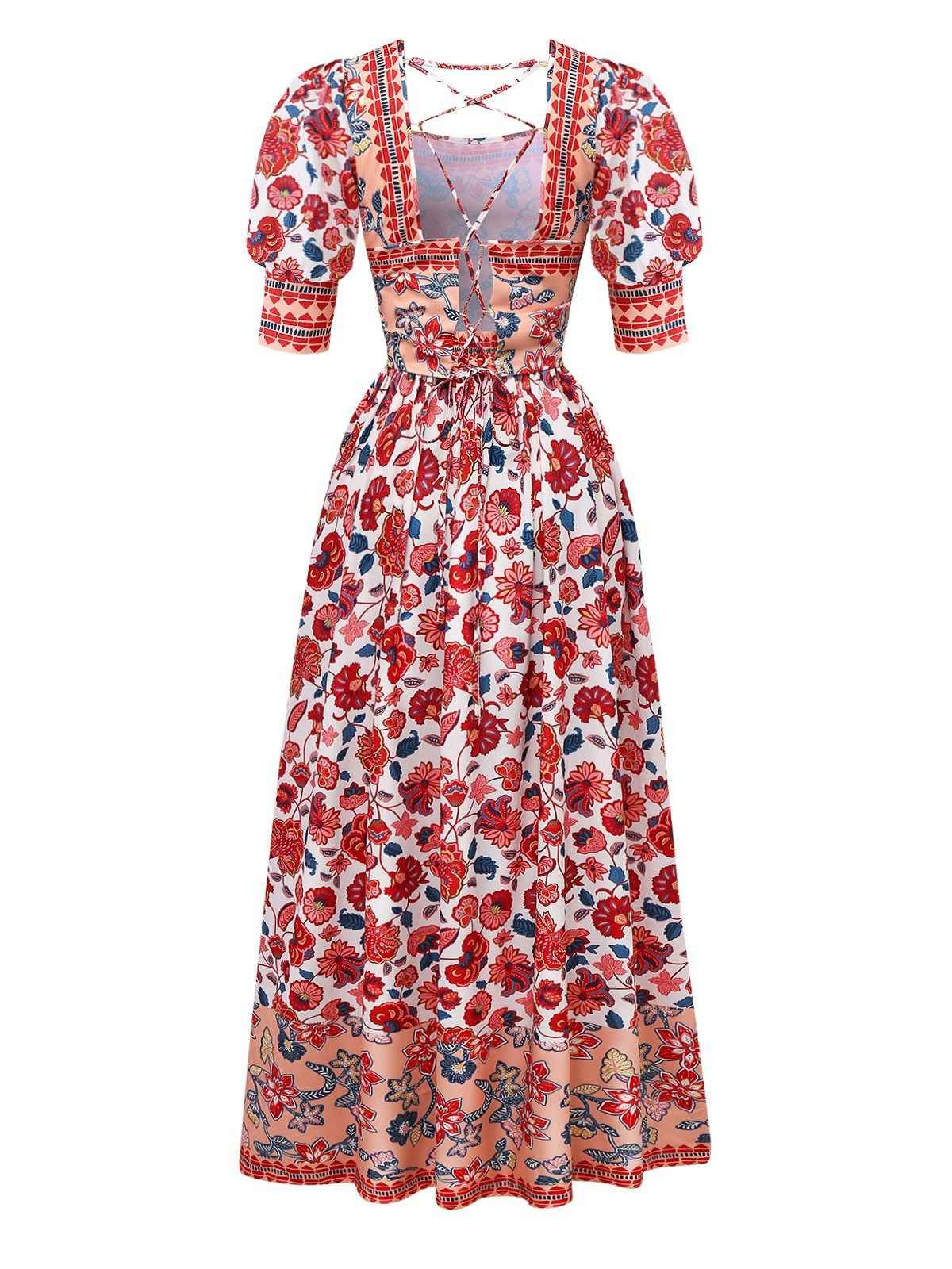 2PCS Rot 1930er Blumen Laternenärmel Ausgeschnitten Top & Gerüschtes Rock - Image 2