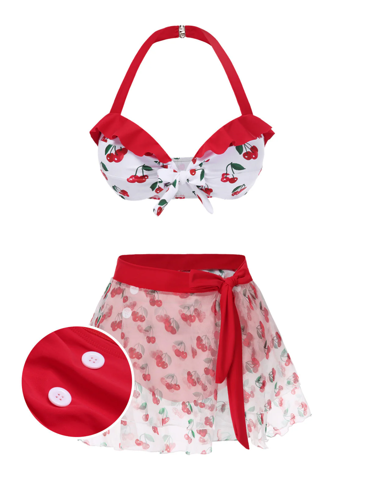 2PCS Rot 1950er Kirsche Bikini & Taille-Binden Cover up - Image 5