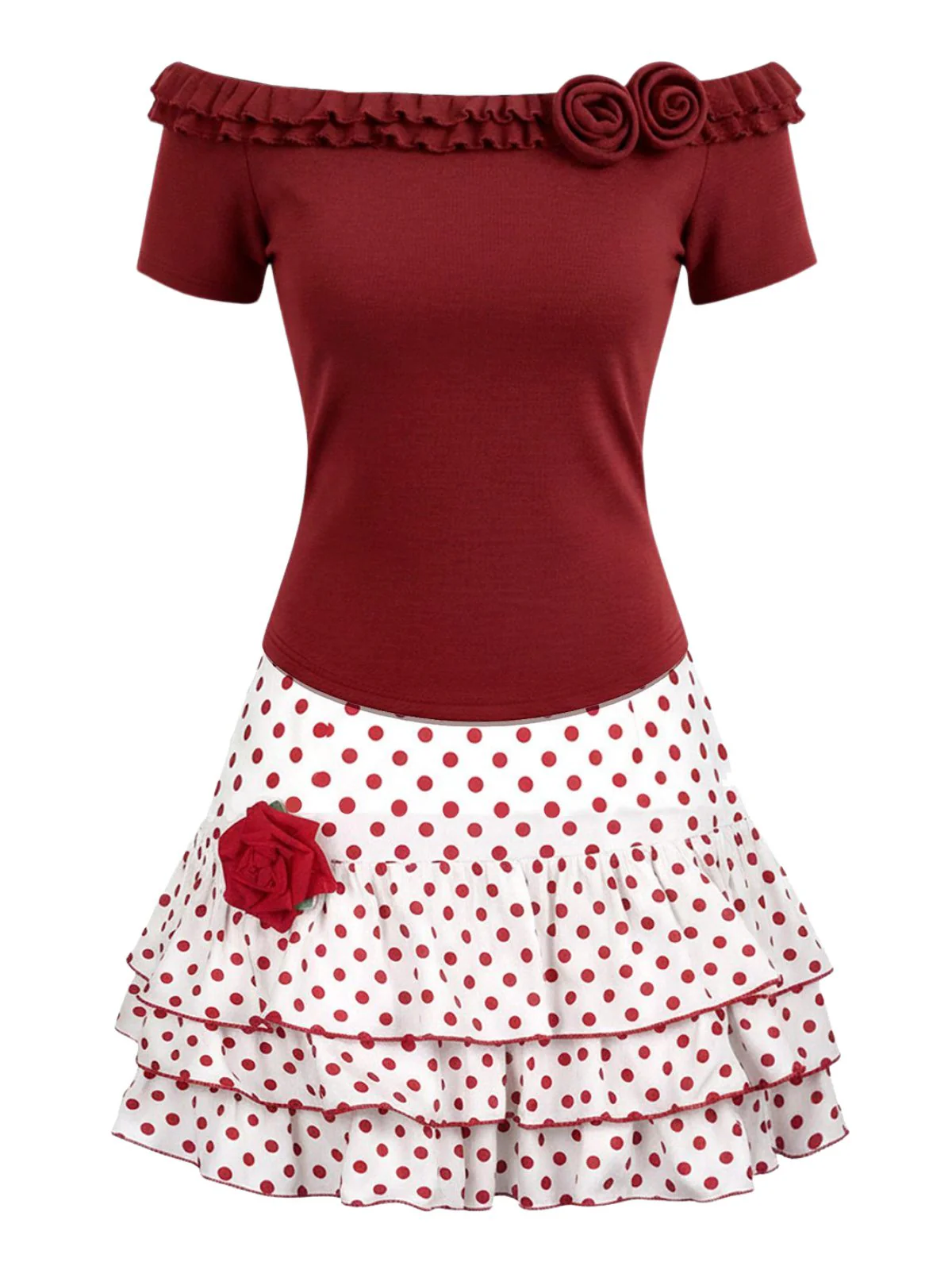 2PCS Rot 1960er Rüschen Rose Stricken Top & Polka Dot Rock - Image 2