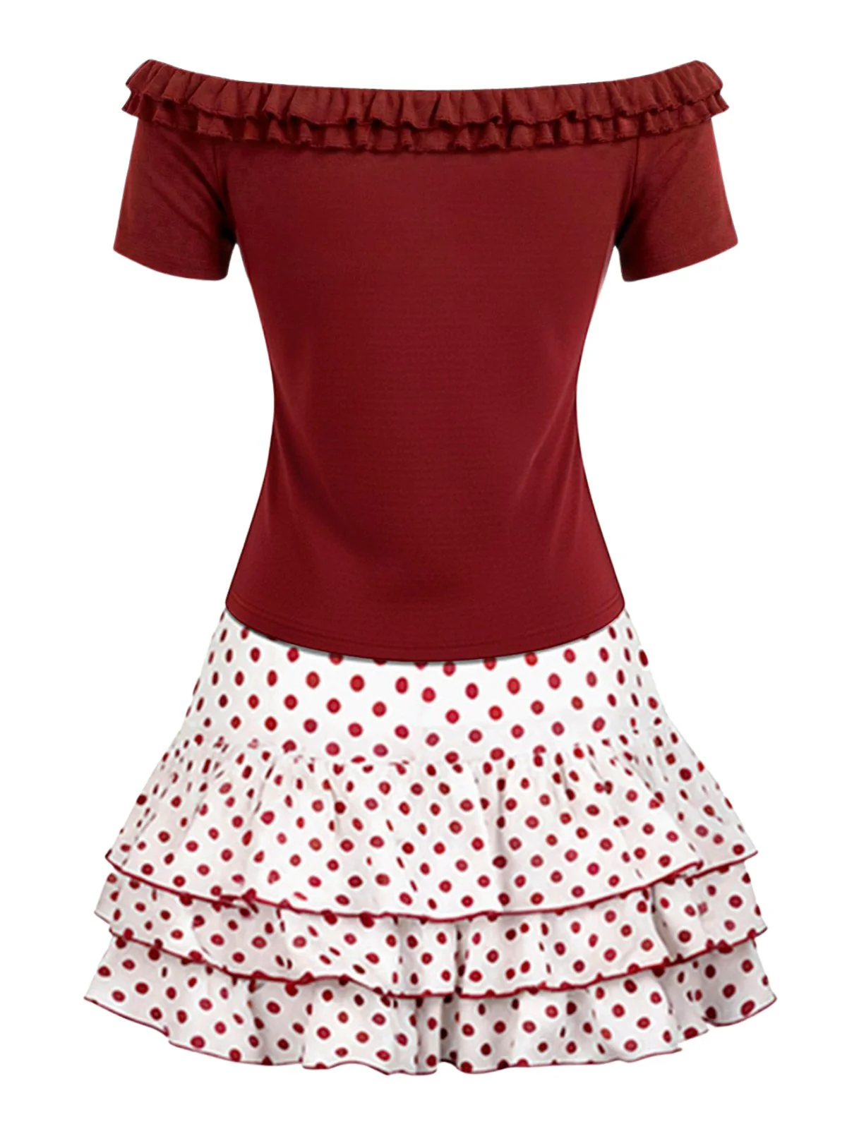 2PCS Rot 1960er Rüschen Rose Stricken Top & Polka Dot Rock - Image 3